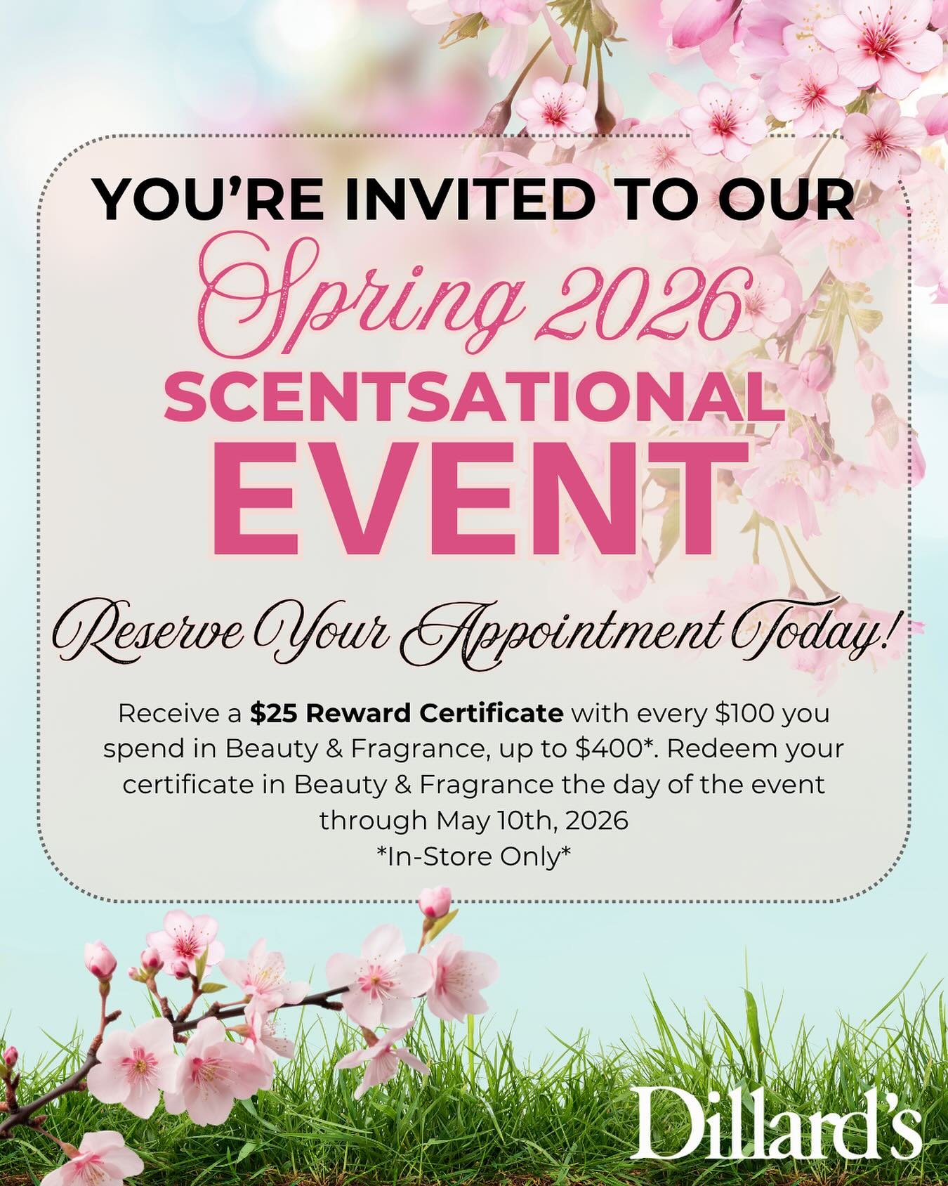 The Dillard&rsquo;s Scentsational event is tomorrow, Saturday, April 25 at La Palmera! Receive a $25 reward certificate for every $100 you spend at @dillardslapalmera cosmetics and fragrance. 🎁