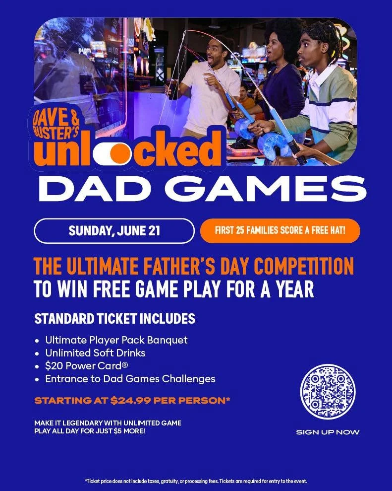 🏆DAD GAMES🏆 Does your dad have what it takes to win FREE GAMES FOR A YEAR? Enter him in the ultimate Father&rsquo;s Day competition on Sunday, June 21 at Dave &amp; Buster's at La Palmera. Sign up at the link in our bio.