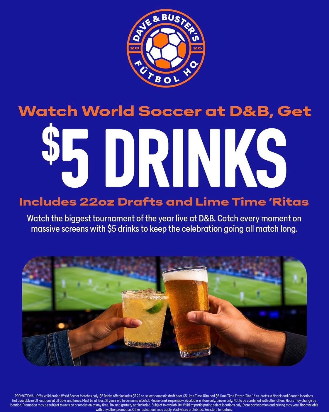 Attention World Cup fans!⚽️ Tune into tonight&rsquo;s game game 🇺🇸 vs 🇹🇷 at @daveandbusters.cctx for unlimited wings, fries, and games during the match starting at $24.99! 🍗🎰 Also, enjoy $5 beer and margs (21+) during ANY World Cup match.