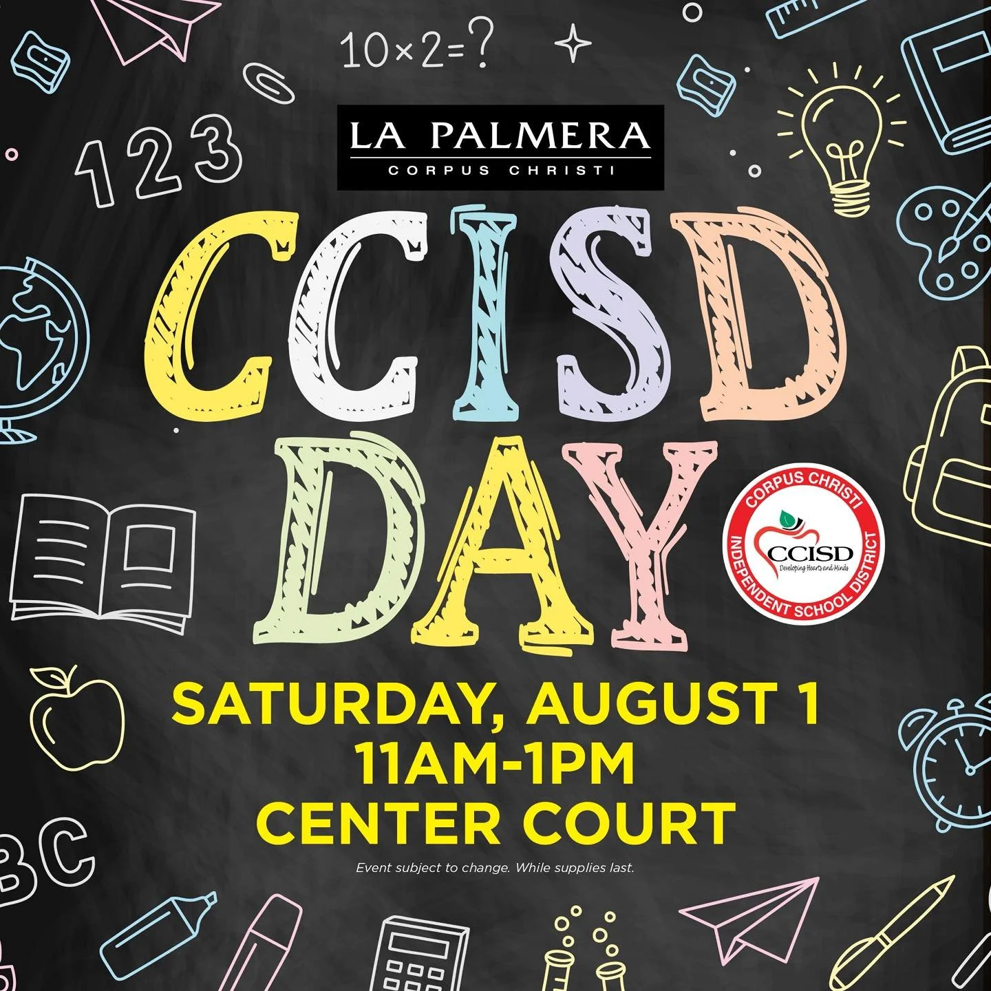 CCISD Day returns to La Palmera on Saturday, August 1 from 11am-1pm! 🍎📚 Meet the mascots, see live performances from cheer and dance teams, and learn about various programs and services at Corpus Christi Independent School District just in time for