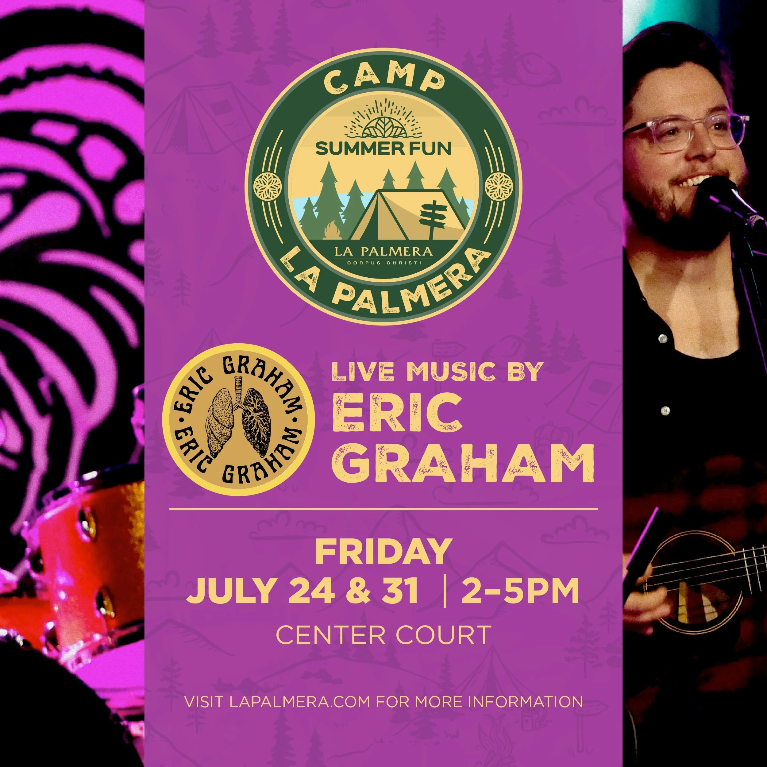 It&rsquo;s officially the last day of camp 🥹🏕️, so let&rsquo;s end on a high note 🎵. Eric Graham, Local&rsquo;s List&rsquo;s Best Solo Musician winner, will give the final salute 🫡 today with a live show from 2pm-5pm in Center Court. ⛲️🎶 Don&rsq