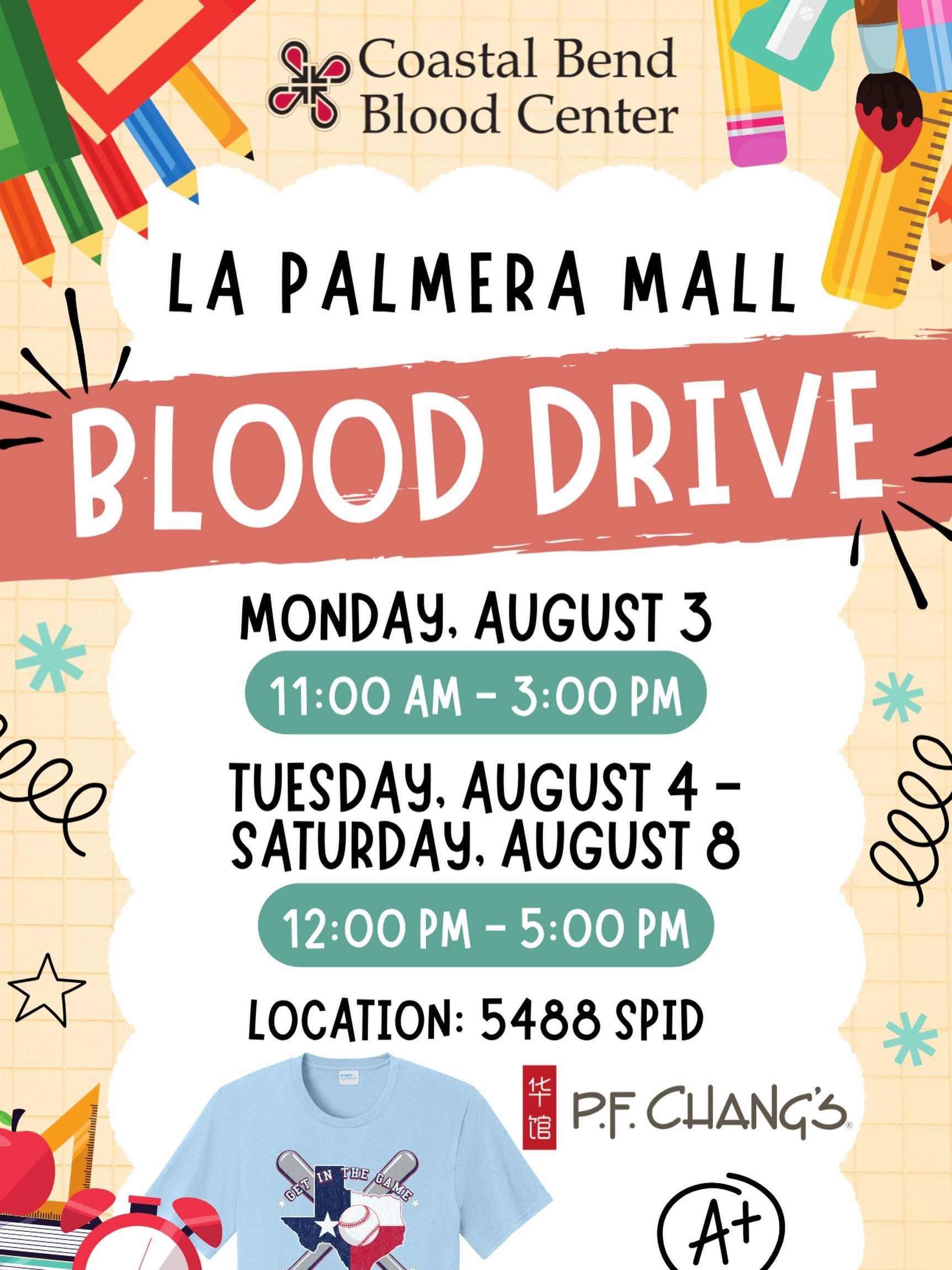 The @coastalbendbloodcenter is currently in need of all blood types! 🩸They will be at La Palmera accepting donations every day this week from 12pm-5pm in the location adjacent to Reeds Jewelers and Lush in Center Court. All donors will receive a don