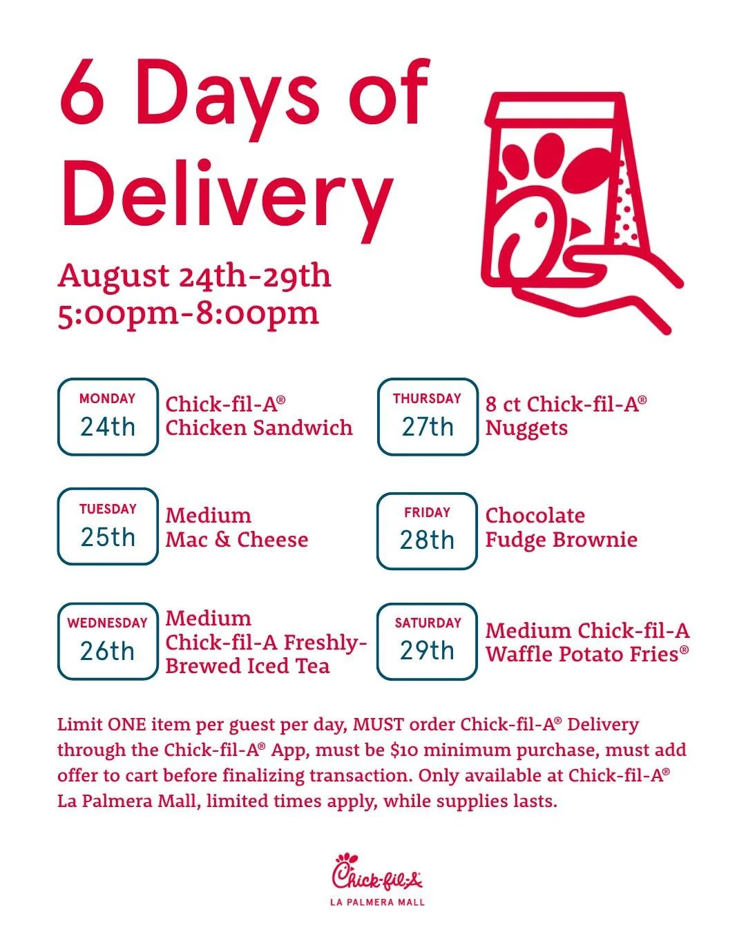 Celebrate 6 Days of Delivery with us at @_cfalapalmera! 🐮August 24th-29th from 5-8pm, place your $10 or more Delivery purchase on the Chick-fil-A&reg; App and receive a FREE Menu item with your order!

Limit ONE item per guest per day, must order Ch