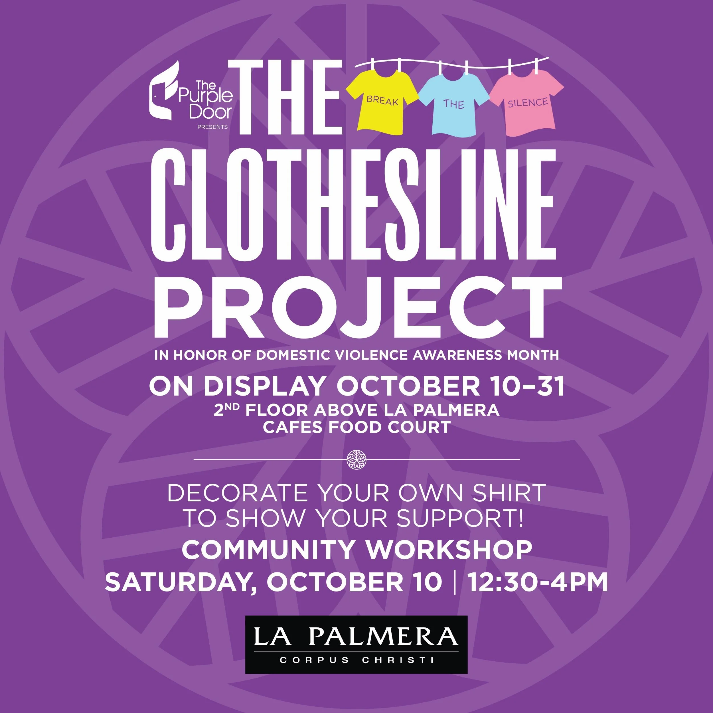 The Clothesline Project returns to La Palmera NEXT SATURDAY in honor of Domestic Violence Awareness Month. 💜 Visit our friends from the @purpledoortx to decorate a shirt with a message of support and solidarity for victims from 12:30pm-4:00pm on the