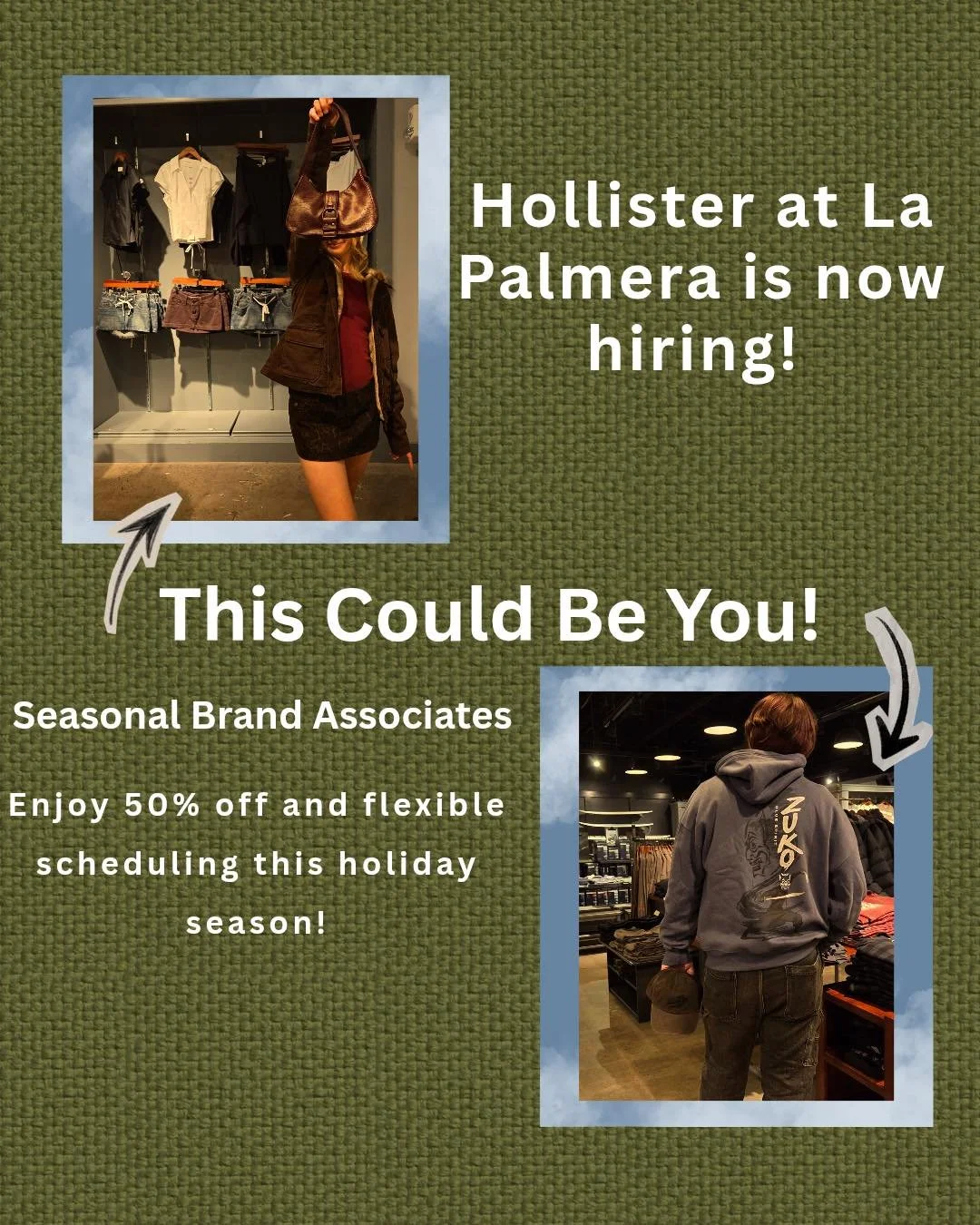 📢 NOW HIRING! Apply now for a brand representative position and work at @hollister  this holiday season! 

Application link in bio. 📋🔗