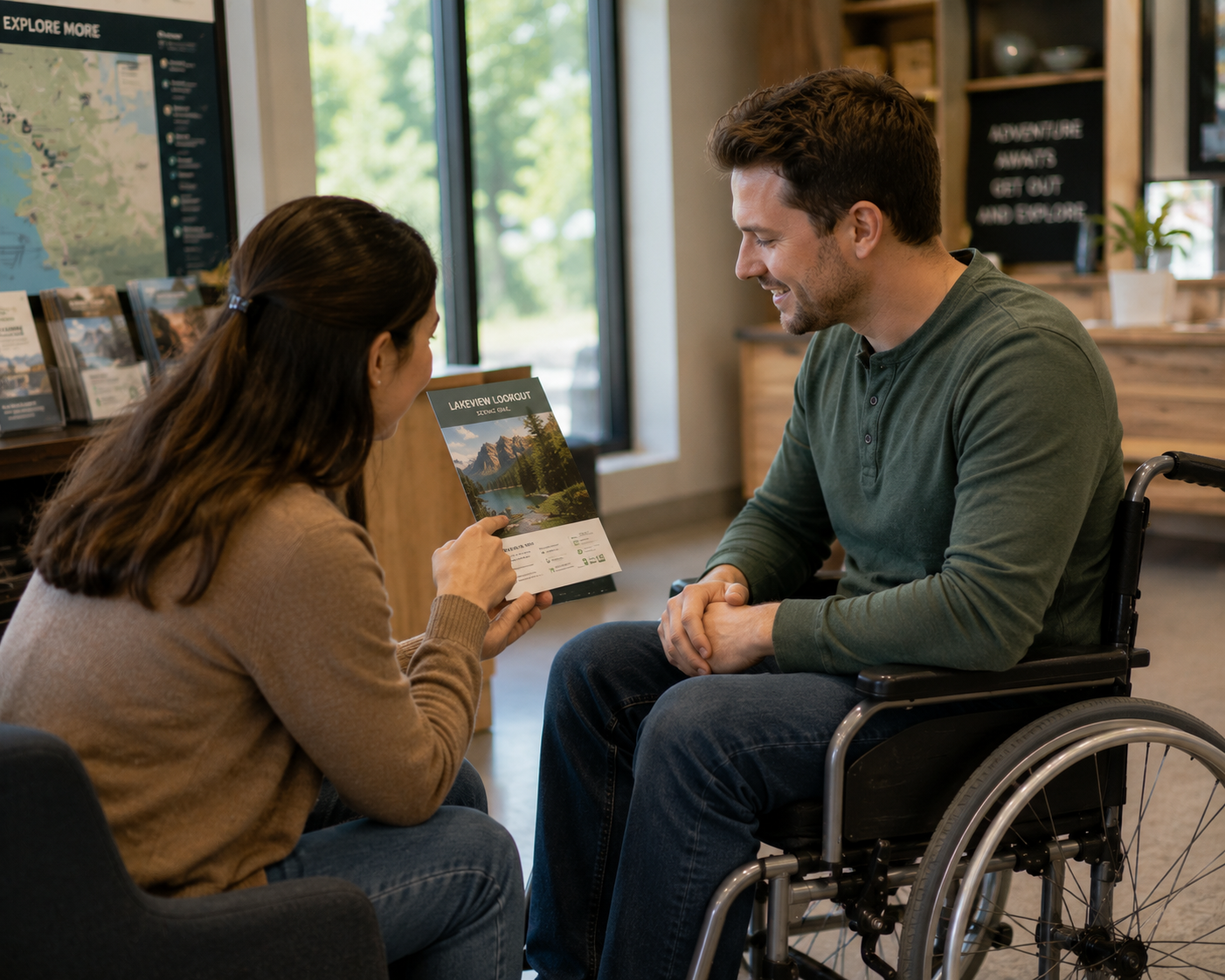 [Person in a wheelchair receiving a recommendation during a friendly face-to-face conversation in a modern visitor centre]