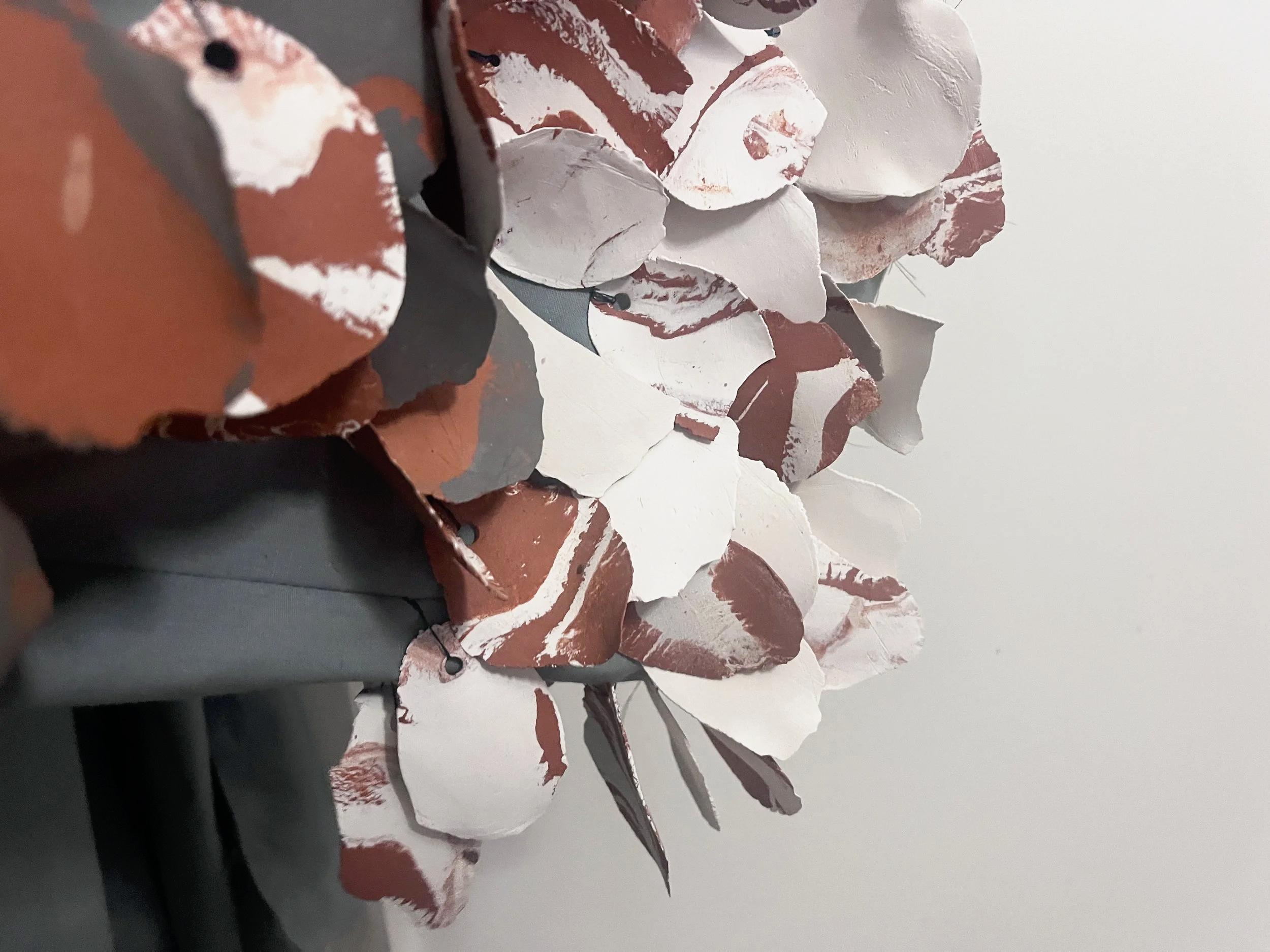 Detail first toile robe, included thin mixed clay pieces (stoneware), created to be breakable, 2020.