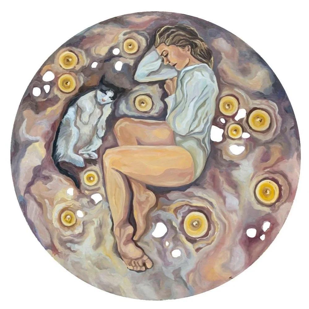 Rest Before the War, Oil on Hand Cut Panel, 36” H X 36” W X 2” D