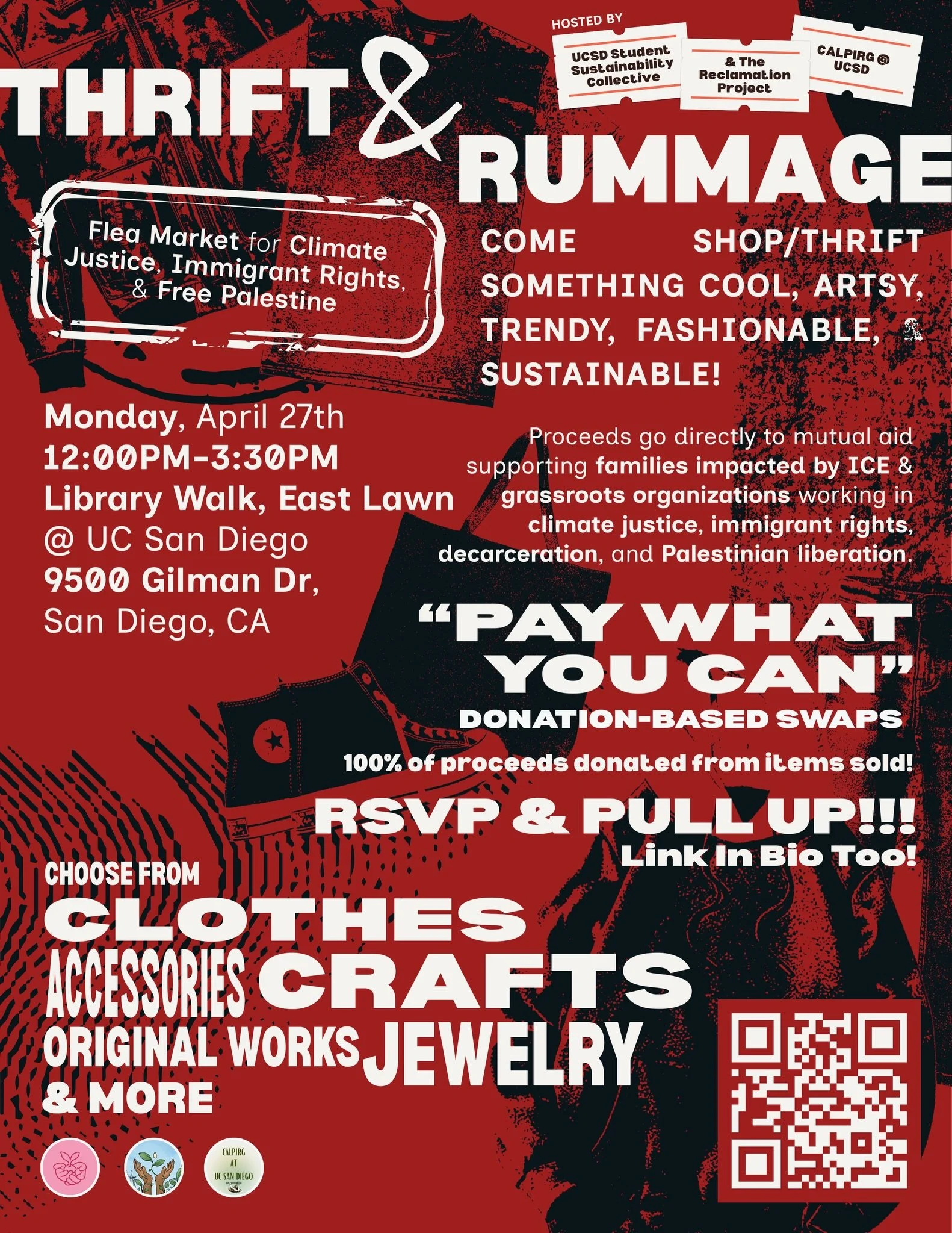 TODAY @ 12!!! 🔱🌊 We&rsquo;re coming to @ucsandiego with THRIFT &amp; RUMMAGE 📻👖💿🐚 Hosted by @trpcoalition x @sscucsd x @calpirg_at_ucsd!!! 🍄🌱

REGISTER NOW! 🌷 Link in bio!!! 🖇️

Flea Market for Climate Justice, Immigrant Rights, &amp; Free 