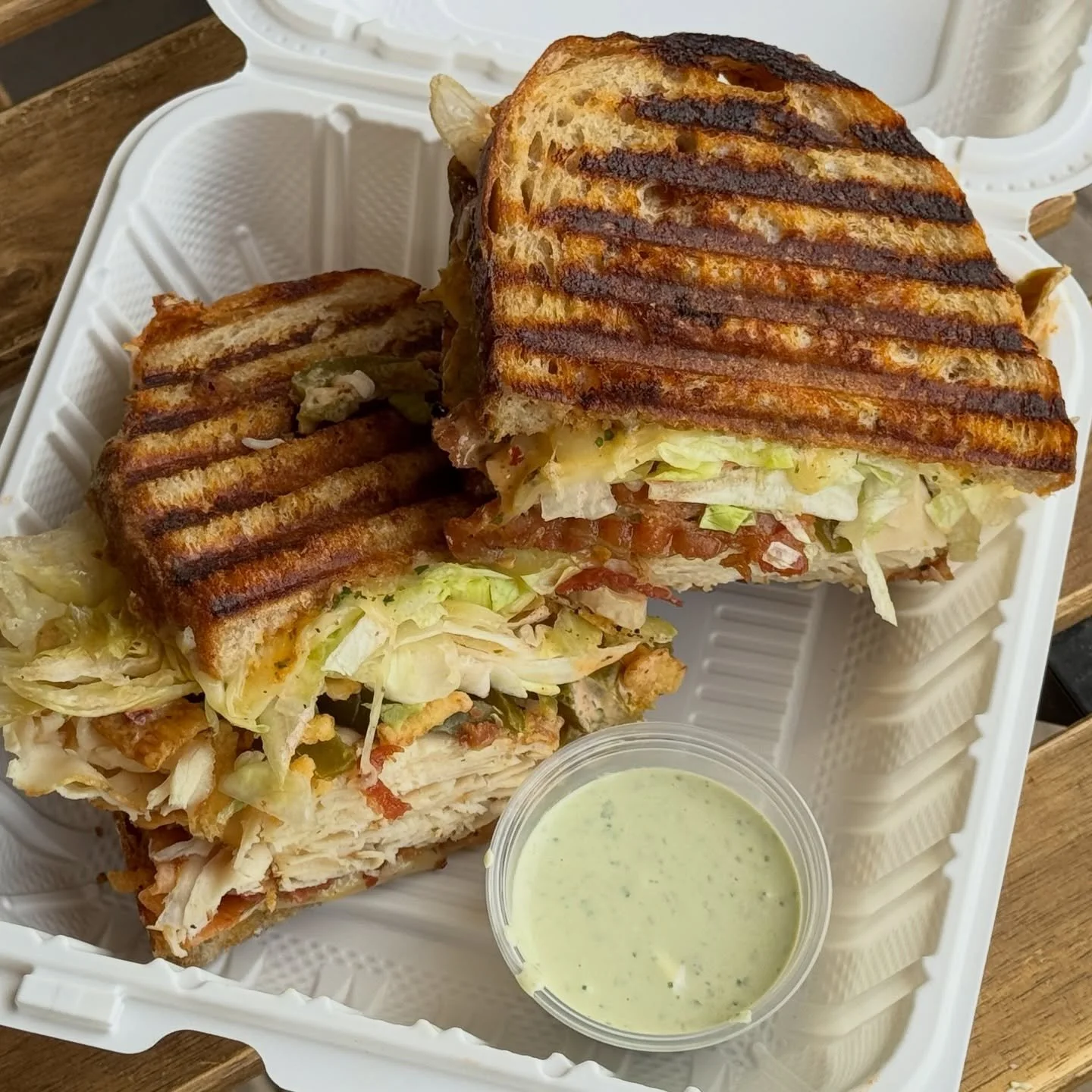 This weeks special: The Pyro 🥪
3/30 - 4/3

Roasted chicken
Bacon
Pepper jack cheese 
Pickled jalape&ntilde;o 
Iceberg lettuce 
Crispy onion
Smoked chipotle aioli

With a side sauce of avocado crema