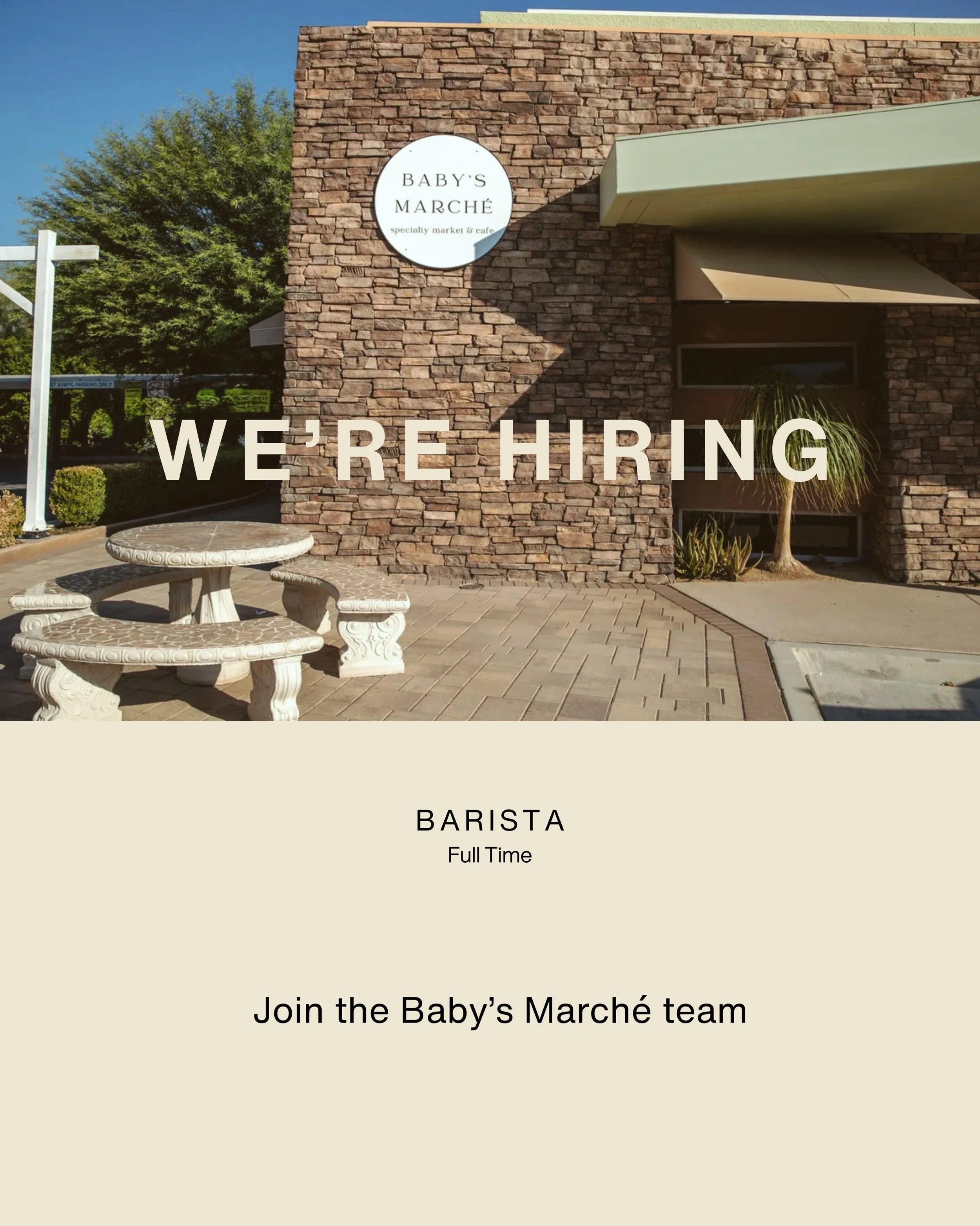 We&rsquo;re growing our team! 

Baby&rsquo;s March&eacute; is looking for a full time barista who is reliable, hospitality-minded and excited to become part of our cafe. 

Barista or cafe experience is preferred, along with open availability for morn