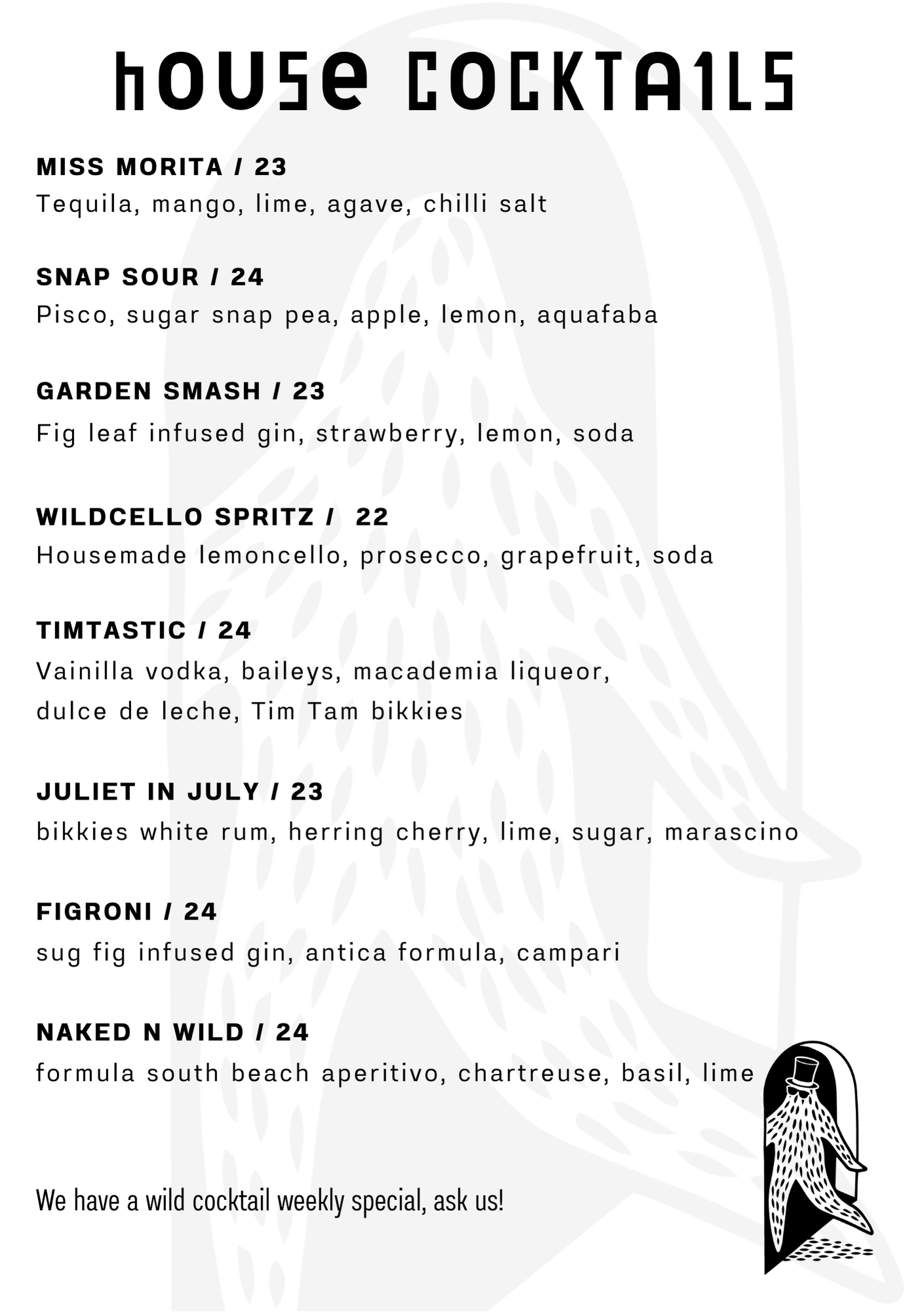Menu listing various house cocktails with their ingredients and prices, illustrated with a black and white drawing of a squid wearing a top hat in the bottom right corner.