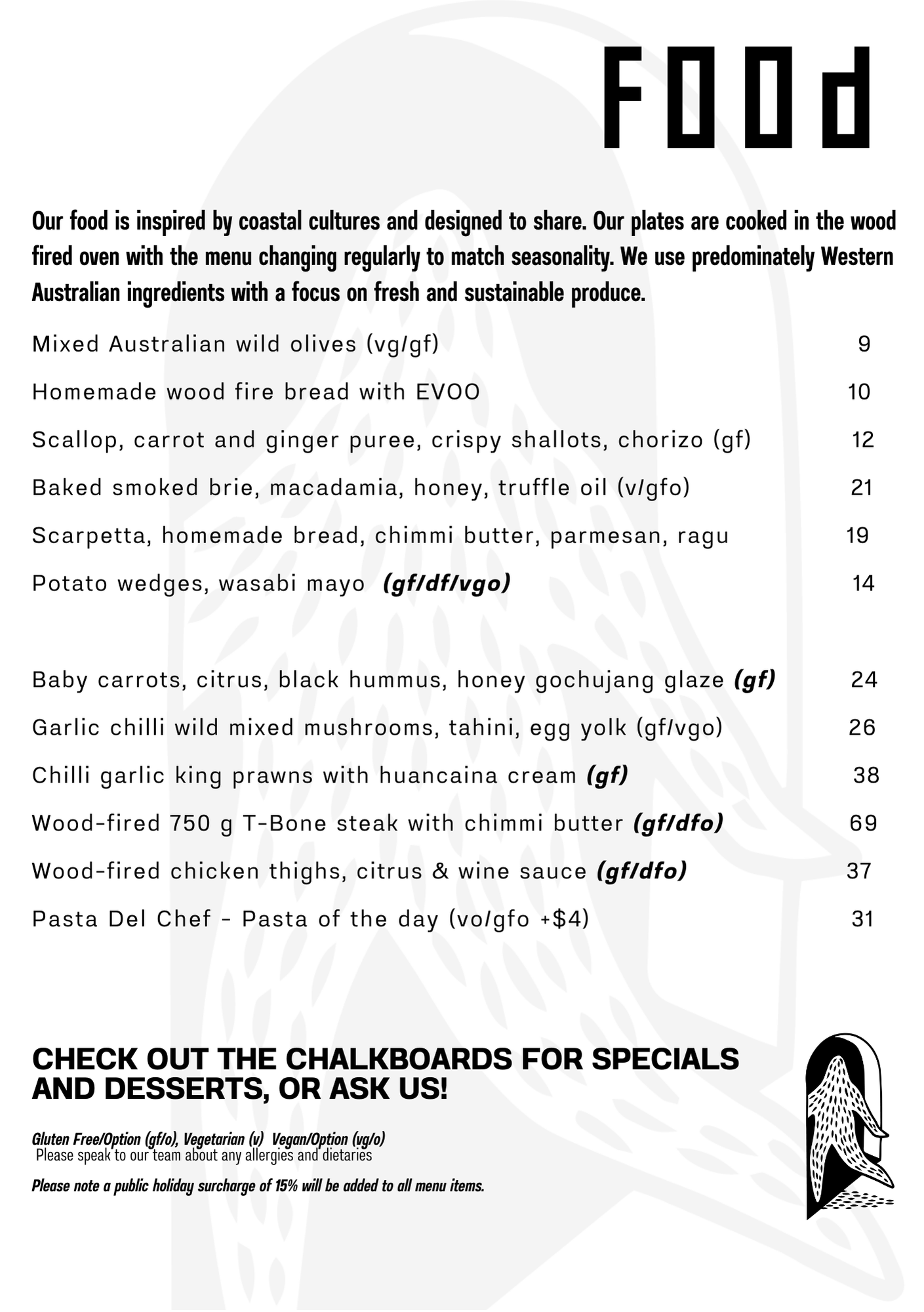 A menu with various Australian-inspired dishes, including olives, wood fire bread, scallops, baked brie, and potato wedges, among others.