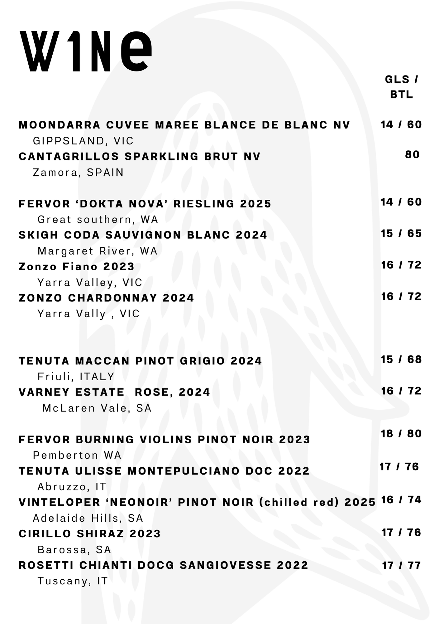 Wine menu featuring various wines with names, regions, vintage, and prices listed.