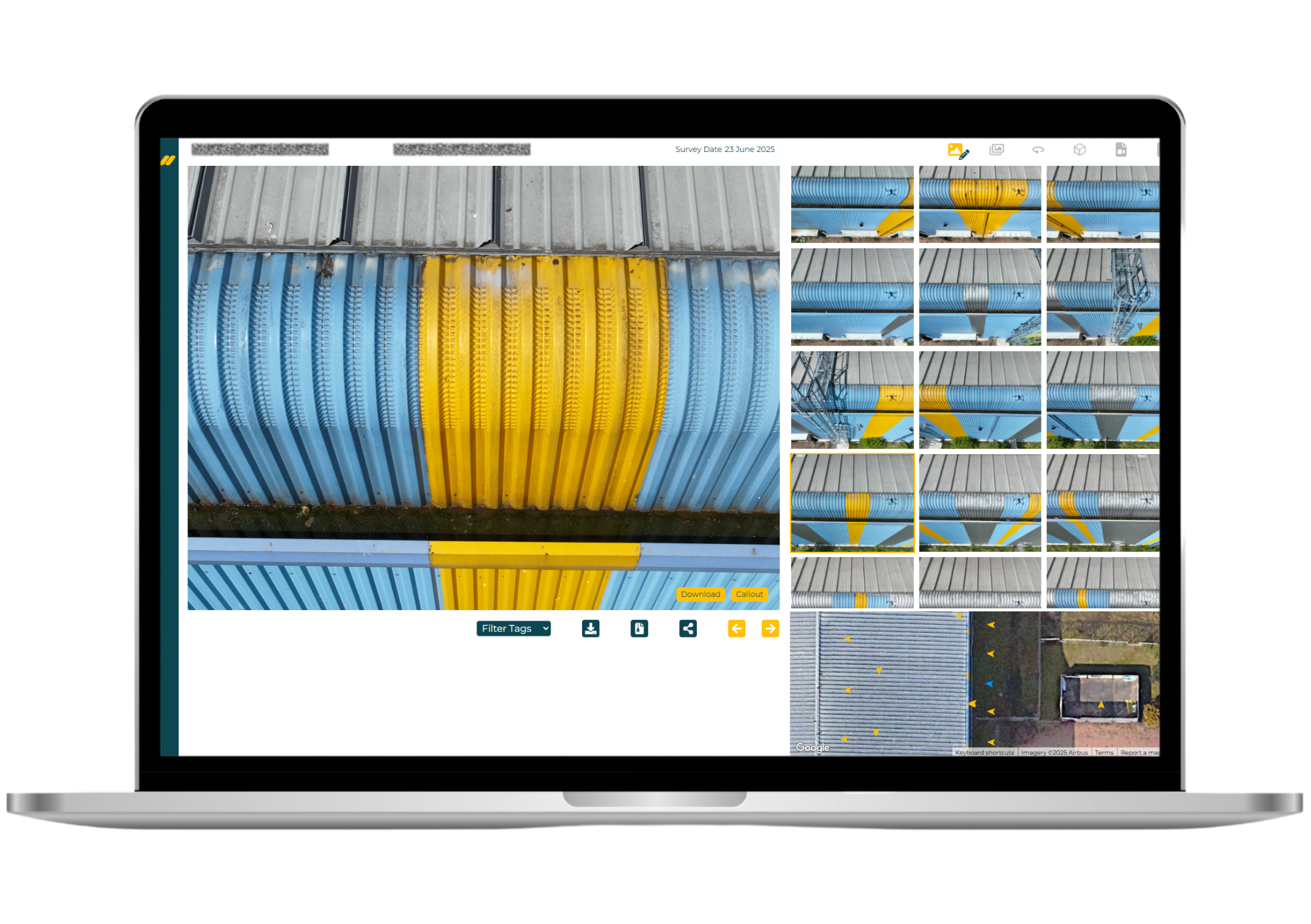 Norelo client portal inspection page displaying high-resolution drone survey imagery for detailed building inspection and analysis.