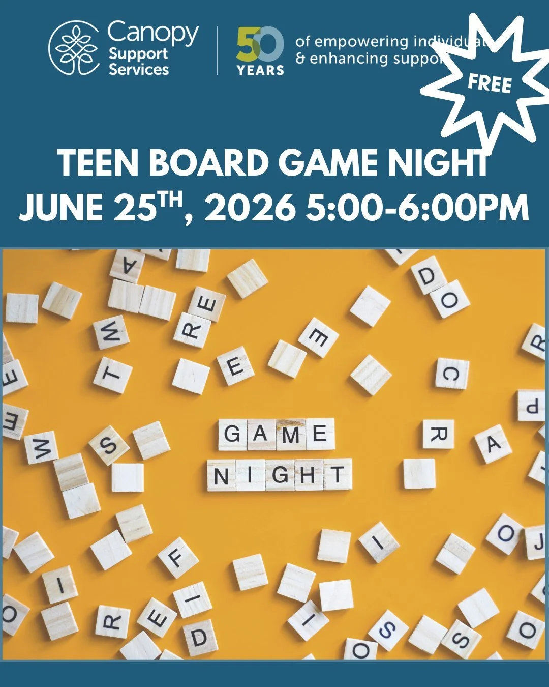 🎲🌟 Teen Board Game Night 🌟🎲

Calling all teens! Join Canopy Support Services for a fun, free Board Game Night designed for teens with Autism Spectrum Disorder (ASD). Come unwind, connect, and enjoy a variety of games in a relaxed and welcoming en