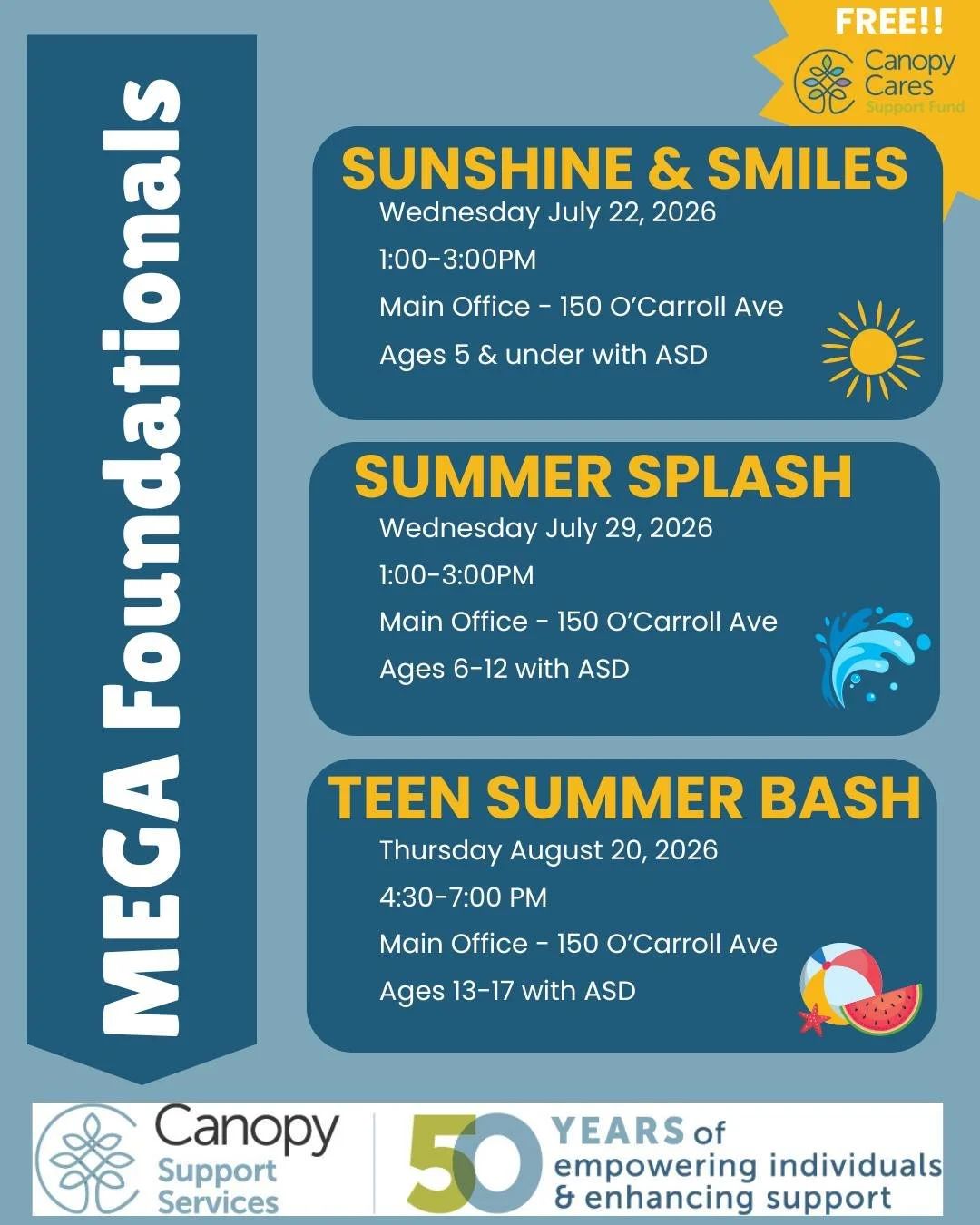 🌞💙 SUMMER FUN FOR EVERY AGE! 💙🌞 Join us this summer for a series of FREE sensory-friendly events designed for children and teens on the autism spectrum! These welcoming, inclusive events provide opportunities to play, connect, build confidence, a