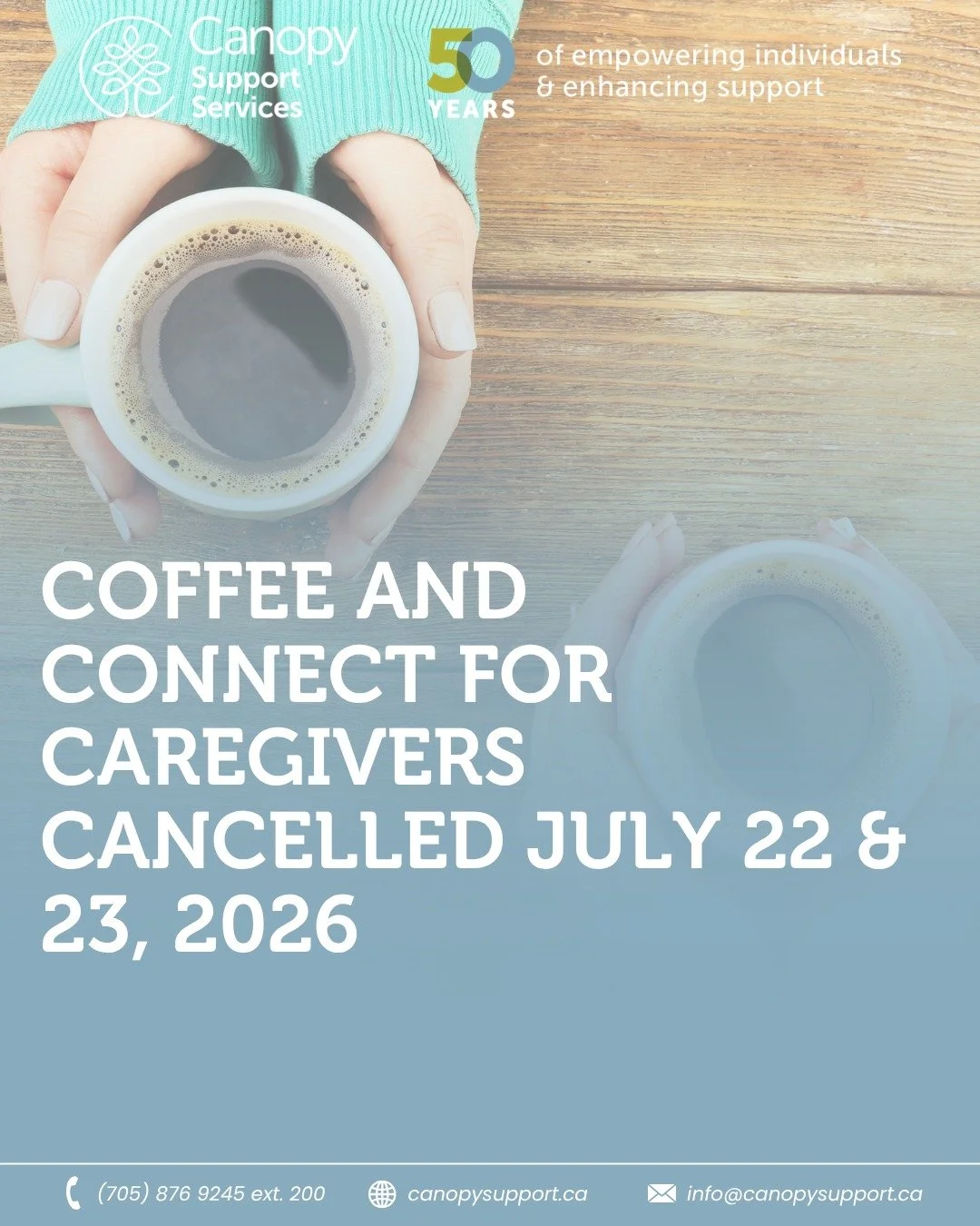📢 Coffee &amp; Connect Cancellation Notice Unfortunately, our Coffee &amp; Connect for Caregivers sessions scheduled for July 22 and July 23 have been cancelled. We apologize for any inconvenience and appreciate your understanding. We look forward t