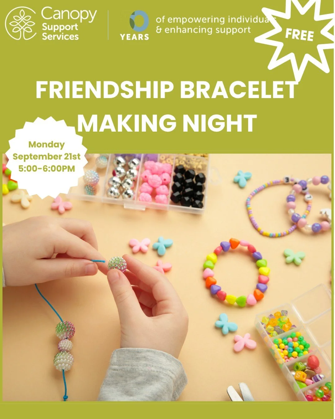🌟 Friendship Bracelet Social Skills Group (Ages 10&ndash;14) 🧵💖

Create, connect, and build friendships!

Join us for a fun and creative one-hour friendship bracelet activity designed for youth ages 10&ndash;14 with Autism Spectrum Disorder (ASD).