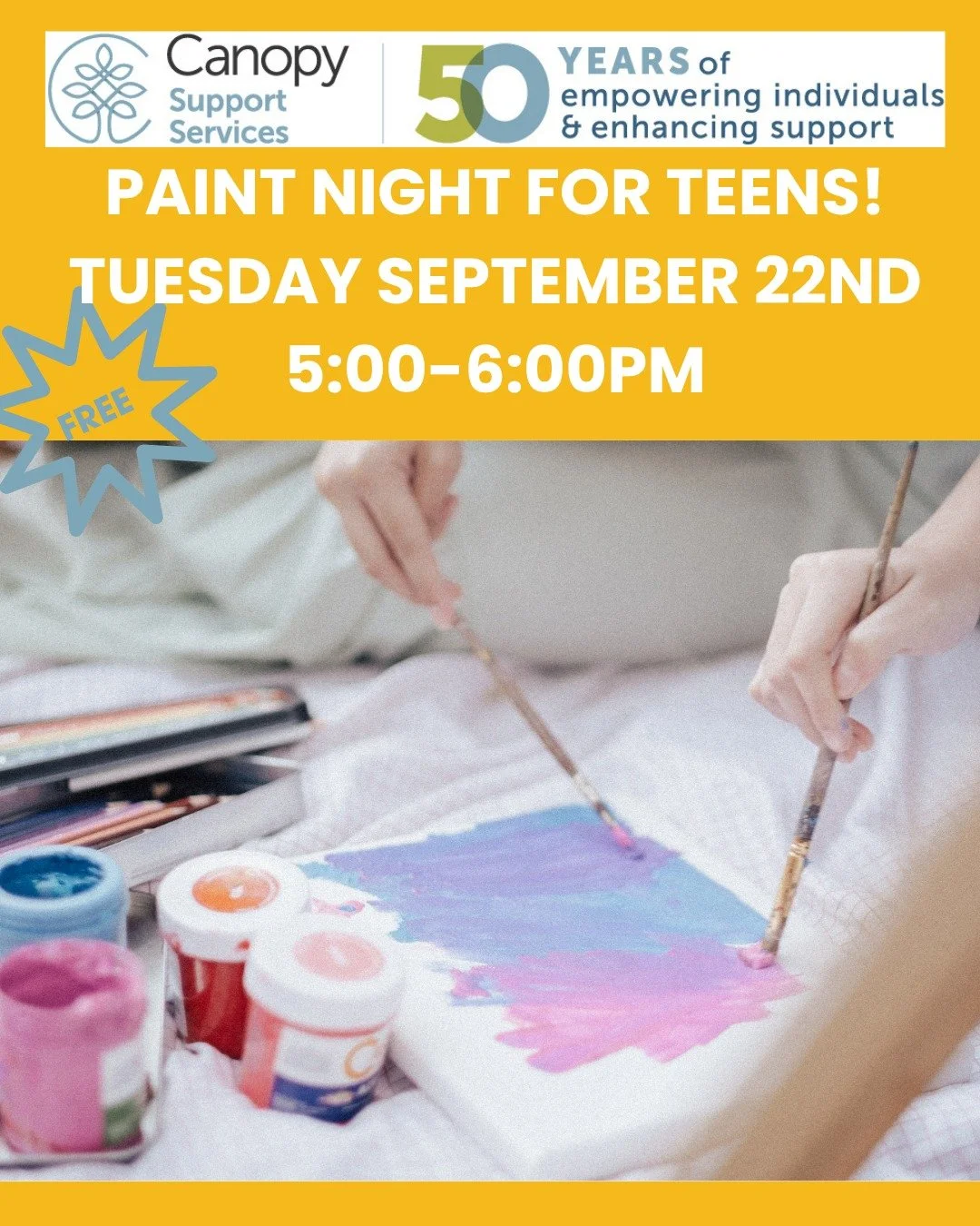 🌟 Teen Paint Night (Ages 13&ndash;17) 🎨✨

Express Yourself Through Art!

Join us for a fun and creative evening designed for teens ages 13&ndash;17 with Autism Spectrum Disorder (ASD). Participants will create their own painted masterpiece while en