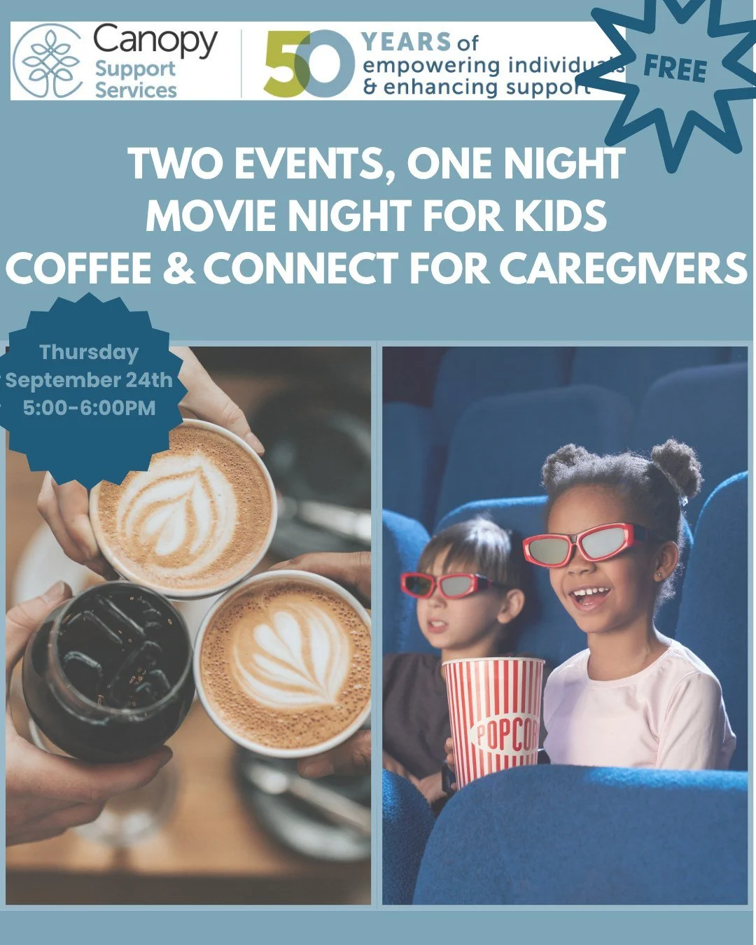 🎬☕ Sensory-Friendly Movie Night &amp; Coffee &amp; Connect ☕🎬

Join us for an evening of connection, support, and fun at Canopy Support Services!

While children ages 8&ndash;13 with Autism Spectrum Disorder (ASD) enjoy a Sensory-Friendly Movie Nig