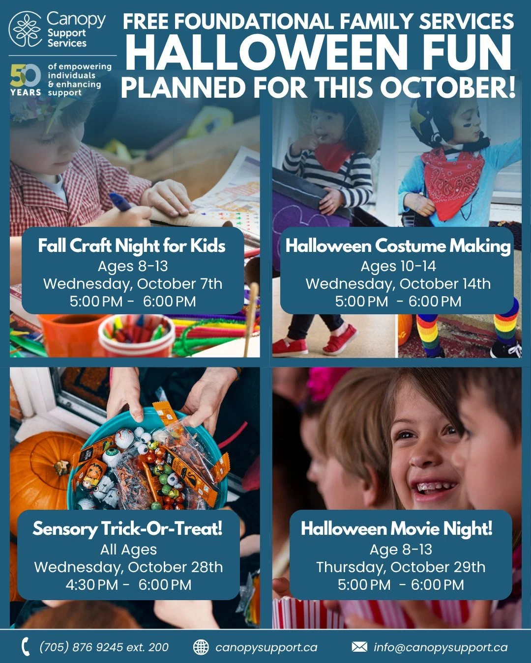 Halloween fun is happening this fall with Canopy&rsquo;s Free Foundational Family Services! 🎃👻

🍂  Fall Craft Night for Kids (Ages 8-13) Wednesday, October 7th from 5:00 PM -  6:00 PM

🧙&zwj;♀️ Halloween Costume Making (Ages 10-14) Wednesday, Oct