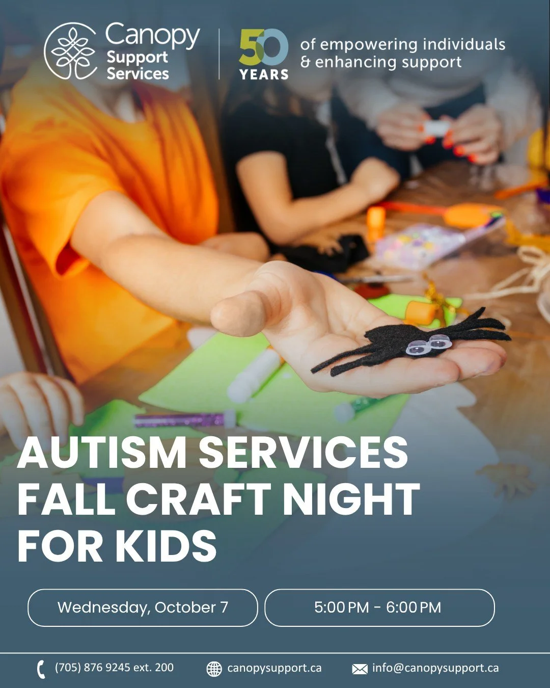 🍂🎨 Fall Craft Night! 🎨🍂

Looking for a fun, creative, and sensory-friendly fall activity? Join us for Fall Craft Night at Canopy Support Services! 🍁✨

Designed for children ages 6-11 with Autism Spectrum Disorder (ASD), this engaging evening off