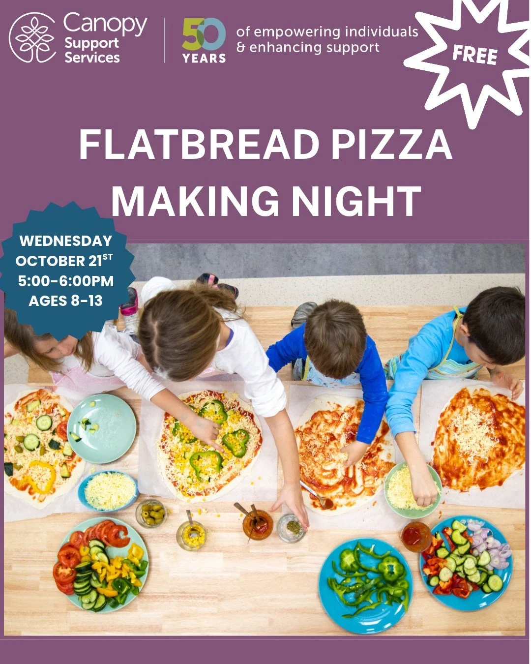 🍕 Flatbread Pizza Night! 🍕
 🎉 Create, Connect &amp; Enjoy! 🎉

Calling all pizza lovers ages 8&ndash;13 with Autism Spectrum Disorder (ASD)! Join us for a fun, hands-on evening where participants will create their own delicious flatbread pizzas in