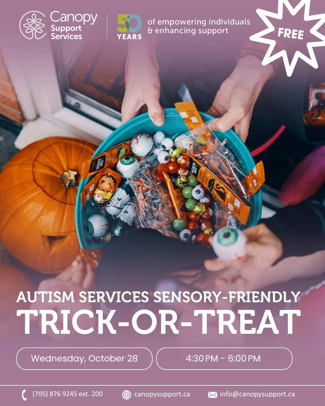 🎃👻 Join us for our 3rd Annual Sensory Friendly Trick-or-Treating Event!

Enjoy sensory-friendly trick-or-treating, face painting, a dance party, sensory stations, and more in a fun, welcoming space designed for children and teens of all sensory nee