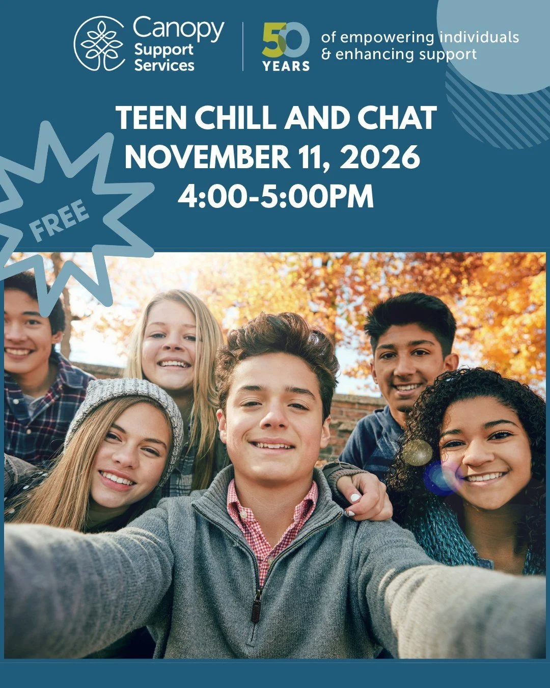 🎉 Cobourg Teen Chill &amp; Chat 🎉

🗣️🎮🍕 Looking for a fun way to connect with other teens? Join us for Teen Chill &amp; Chat!

Canopy Support Services invites teens ages 12-17 with an Autism Spectrum Disorder (ASD) diagnosis who are registered w