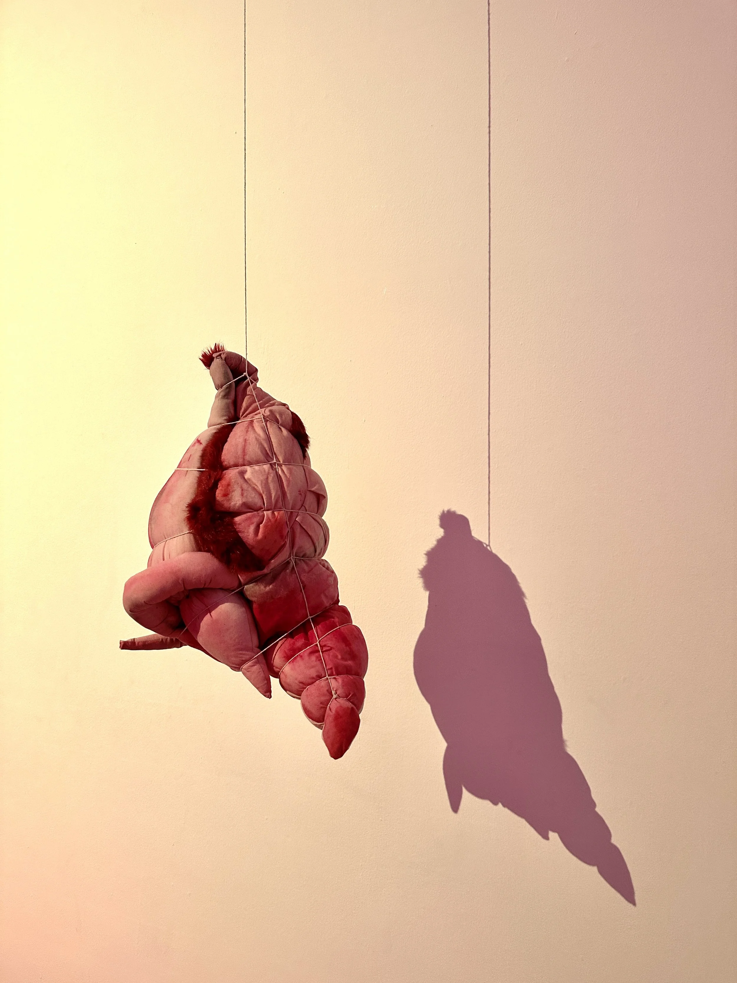 Inside The Bird 2025, Stitched Acrylic on Calico, Synthetic Fur & String Trussing