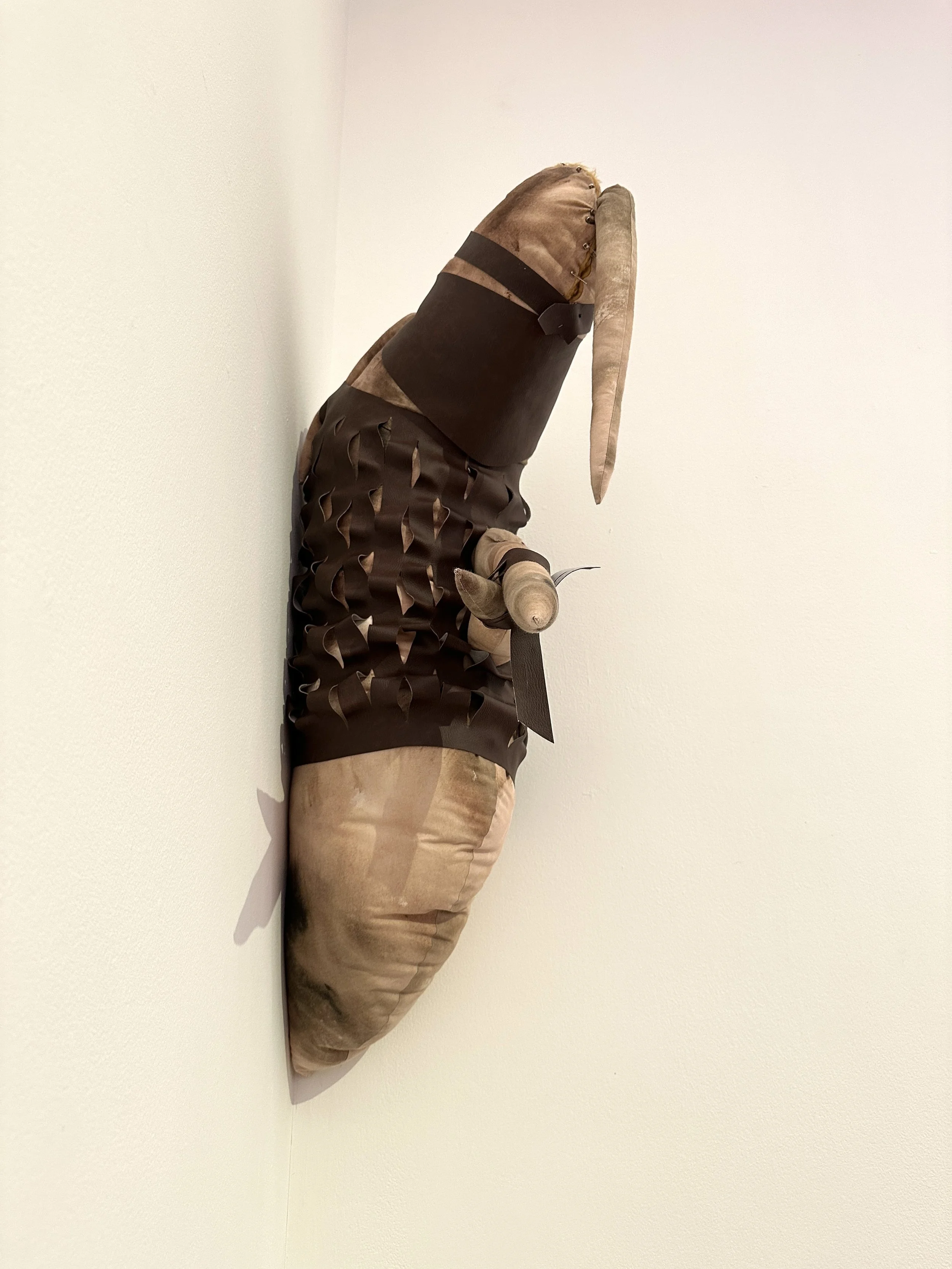 Rescue Pet 2025, Acrylic on Calico, Sliced Leatherette, Synthetic Fur and Safety Pin