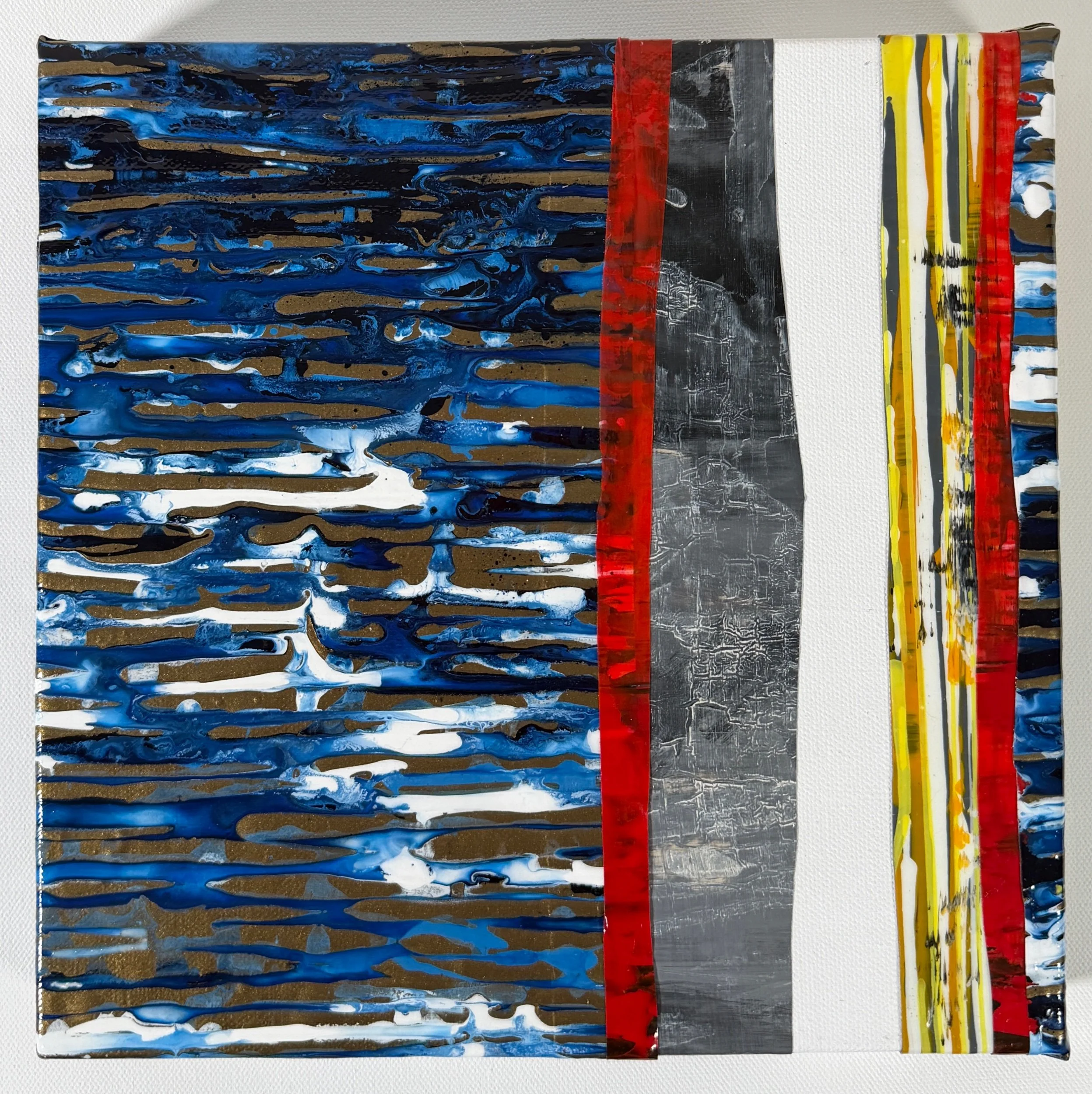 Countercurrent abstract artwork with blue gloss sheets, red and yellow bands, and white negative space