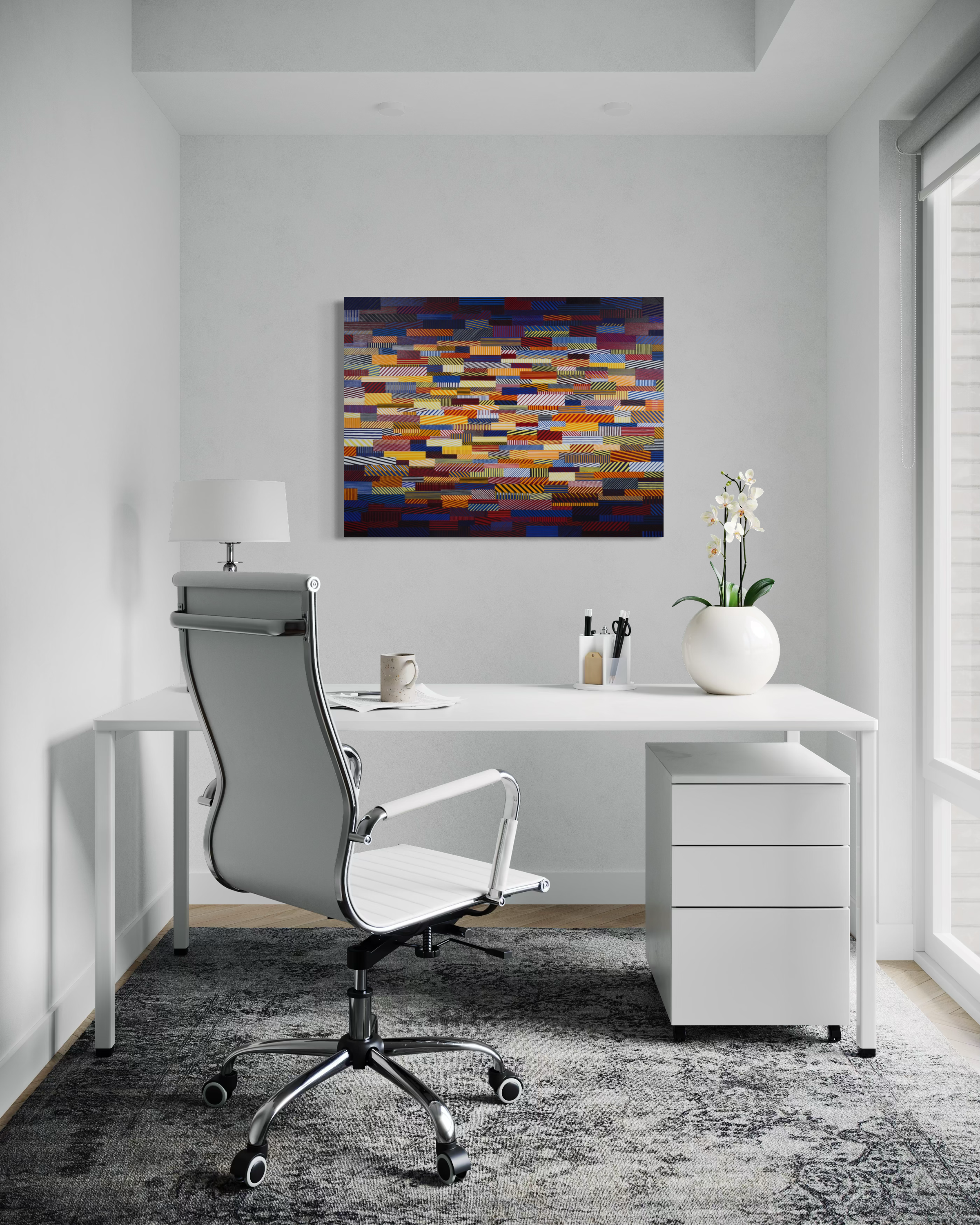 Room visualization of Rumination: Chaos Theory, a 30-by-40-inch abstract painting, above a desk in a neutral home office.