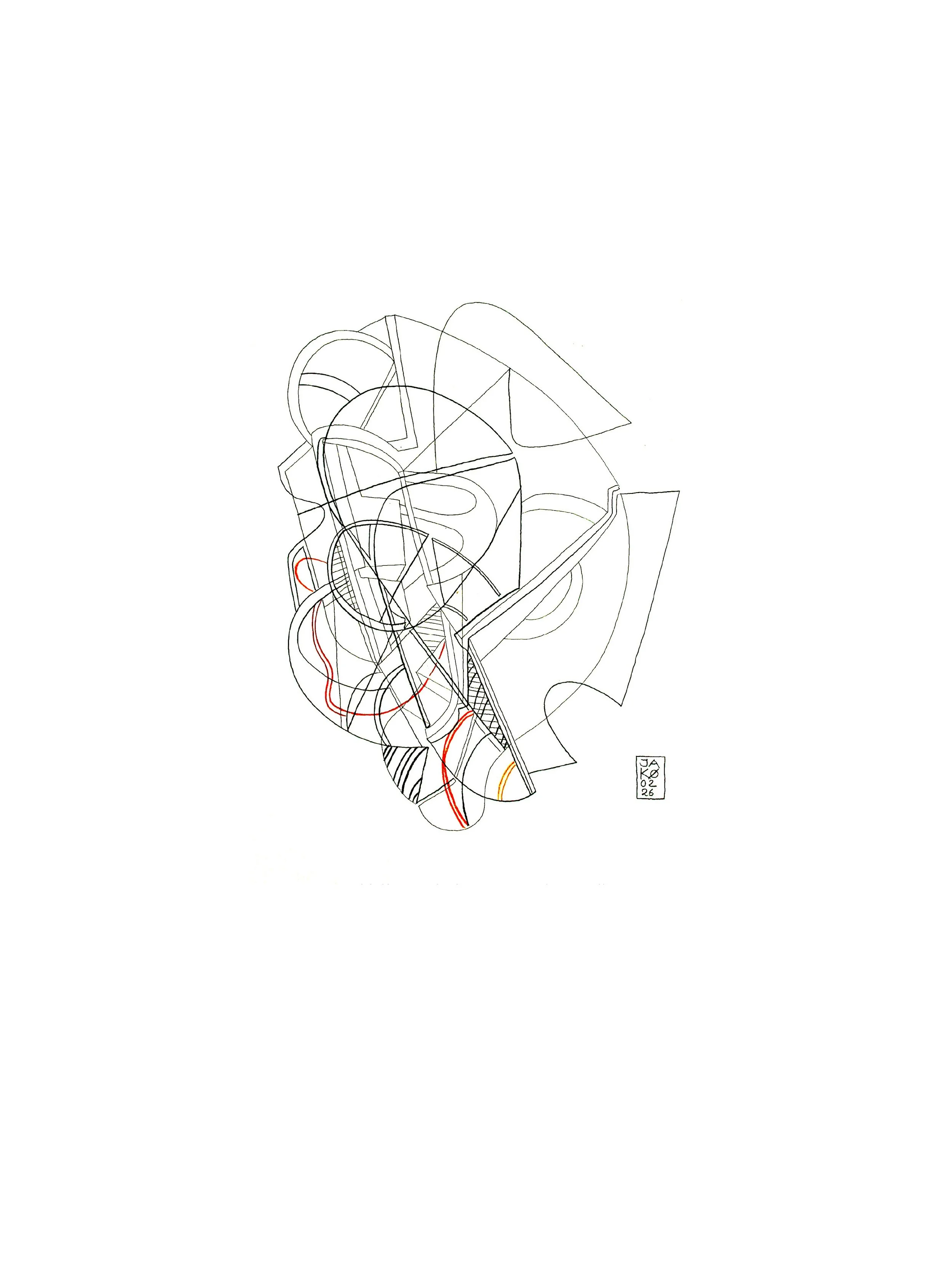 o.T. , 2026, Feder- Farb- und Bleistift auf Papier, Blattgroesse  42,0 x 29,7 cm