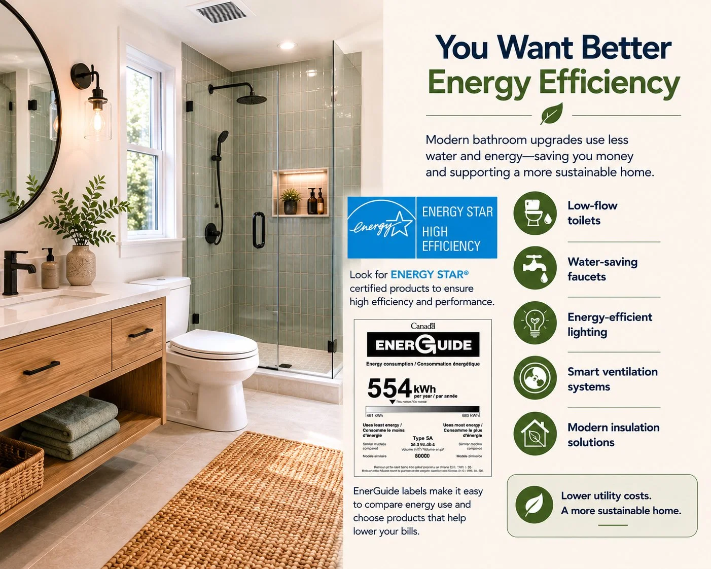 Energy-efficient bathroom renovation infographic featuring a modern bathroom and upgrades such as low-flow toilets, water-saving faucets, ENERGY STAR products, and smart ventilation to reduce utility costs