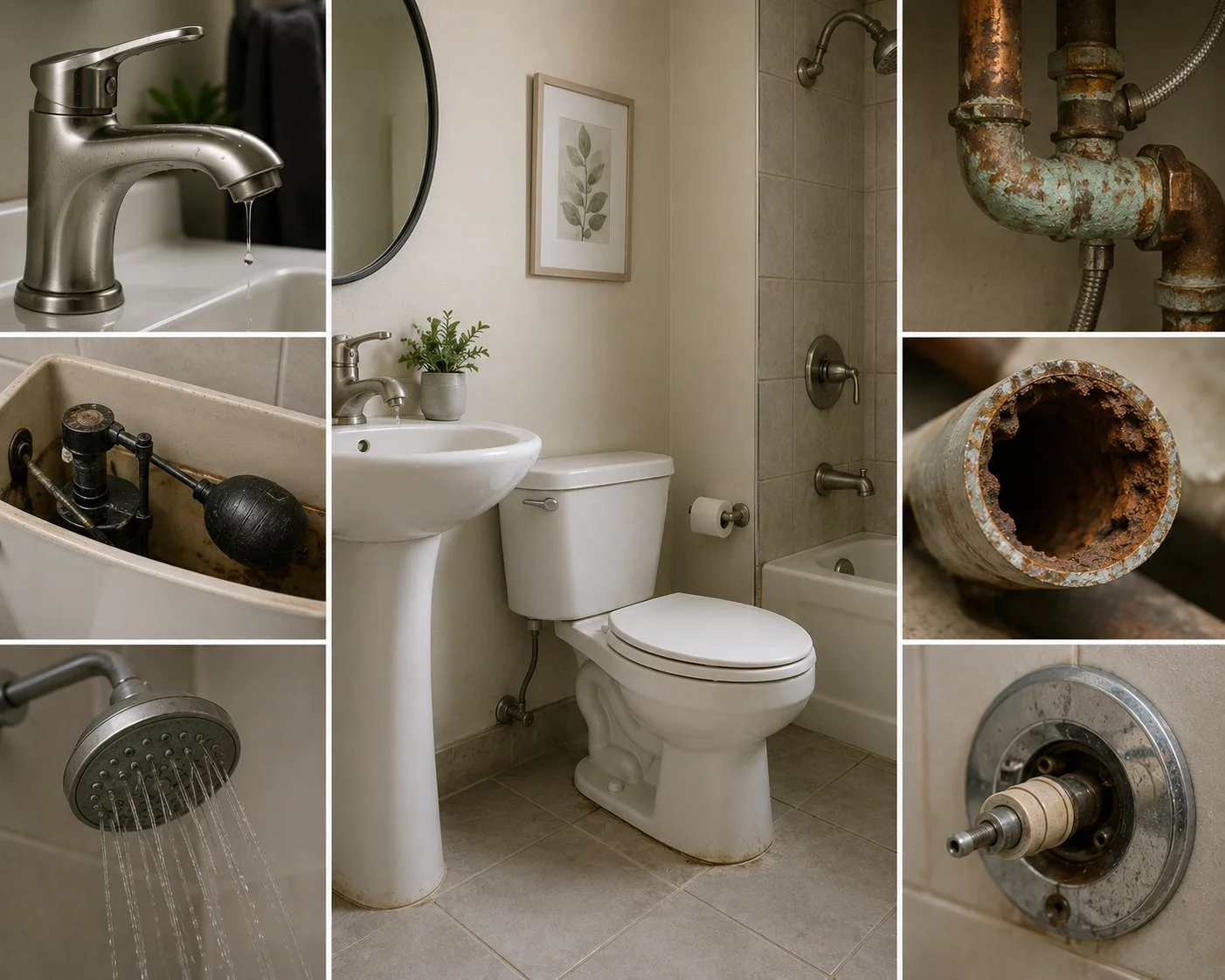Bathroom showing common plumbing fixture problems, including a leaking faucet, running toilet components, poor shower water pressure, corroded pipes, and an aging shower valve that may require replacement during a renovation.