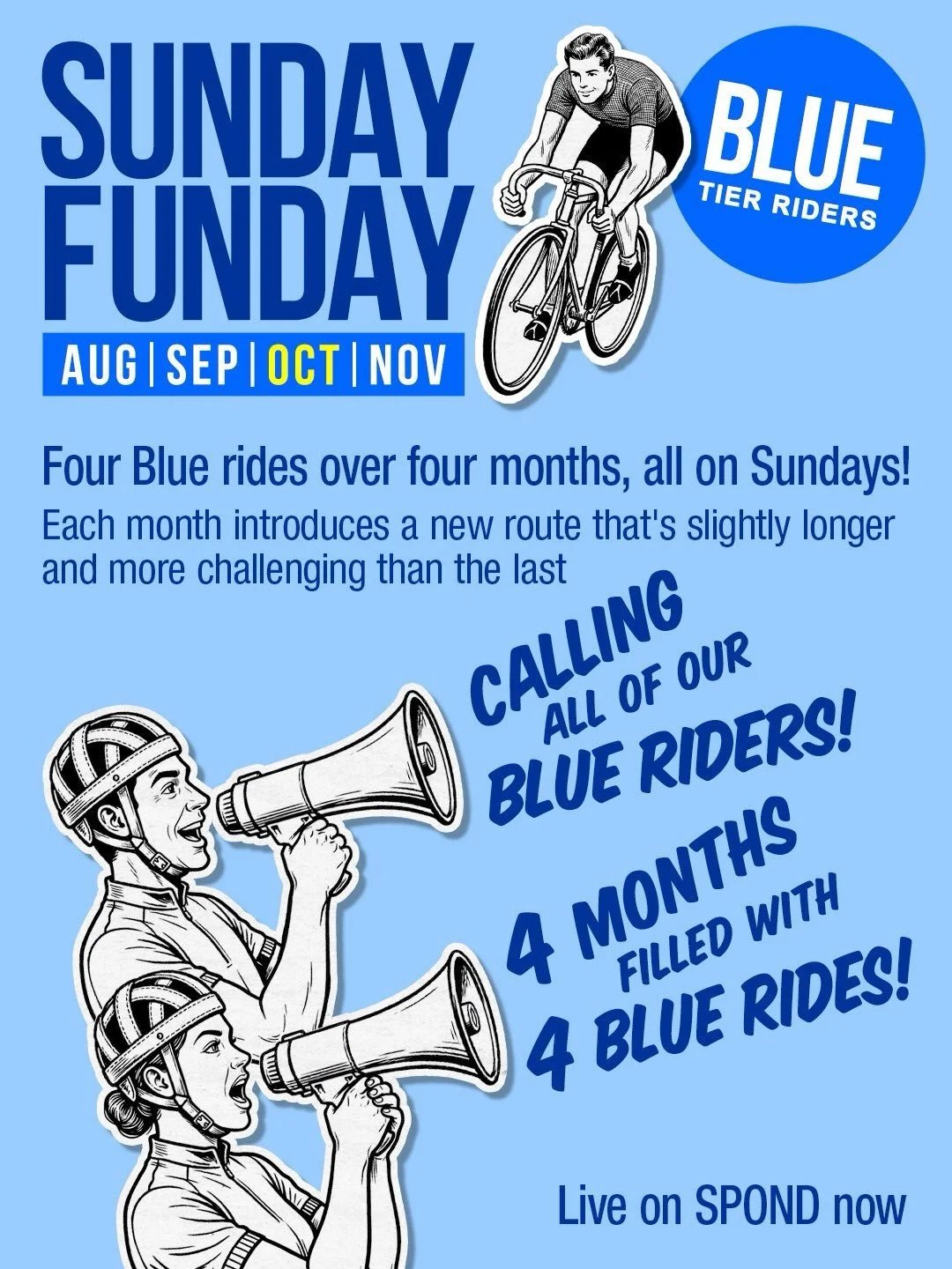 🚨 CALLING ALL BLUE RIDERS 🚨
Want to increase your distance training?
We&rsquo;re halfway through our Sunday Funday rides - every Sunday over 4 months. If you want to try a new route, with increased distance and increased challenge, these are for yo