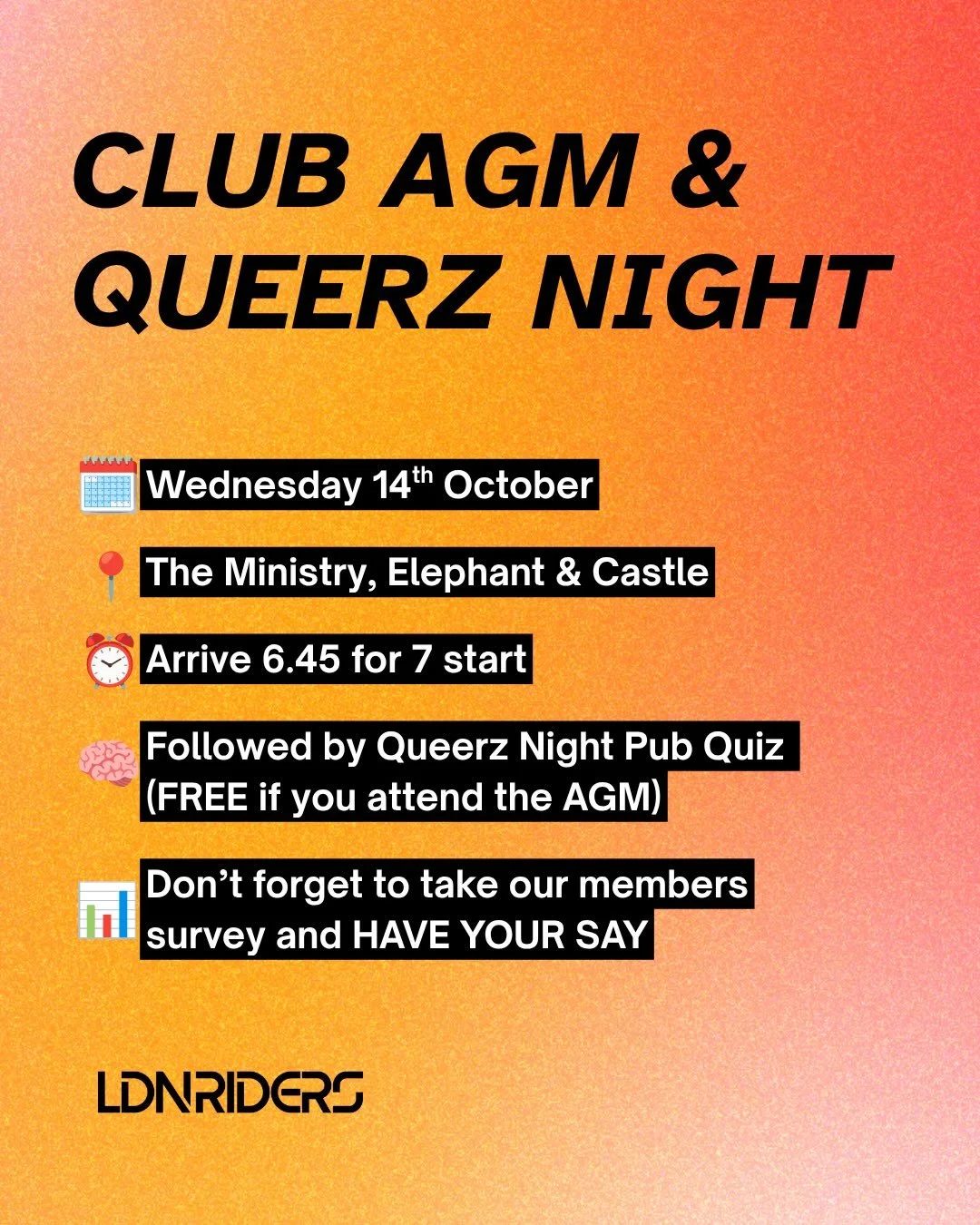 We&rsquo;re pleased to announce that the club AGM will be held on Wednesday 14th October, at The Ministry in Elephant &amp; Castle - 6.45 for a 7 o&rsquo;clock start.

The AGM is an important event for the club - a chance to reflect on 2026, share th