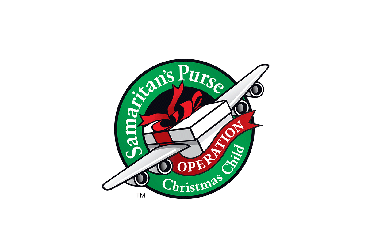 Samaritan's Purse Operation Christmas Child logo with airplane and gift.