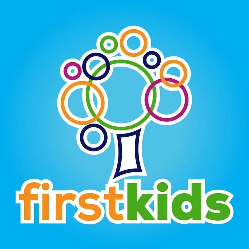 Colorful tree-like logo with intersecting rings on a blue background, accompanied by the text 'firstkids' in lowercase letters.