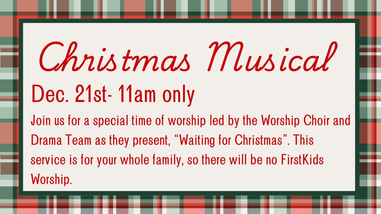 Christmas musical announcement with musical notes background and bokeh lights, scheduled for Sunday, December 10th at 10am at First Baptist Church Moncks Corner.