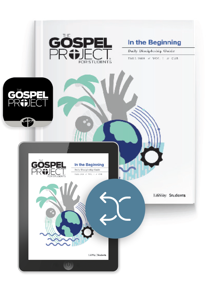 Cover of 'The Gospel Project for Students: In the Beginning' with a stylized globe, hand, and nature elements; shown on a book cover and tablet screen, indicating digital availability.