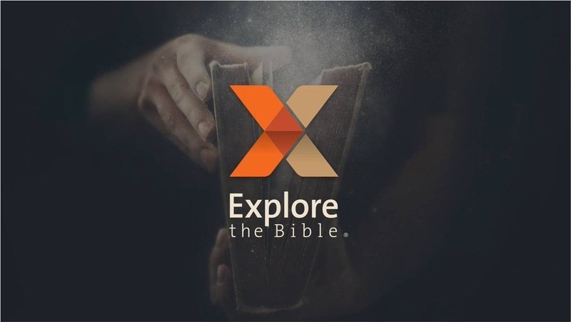 "Explore the Bible" logo with an abstract orange "X" and a person holding an open book in the background.