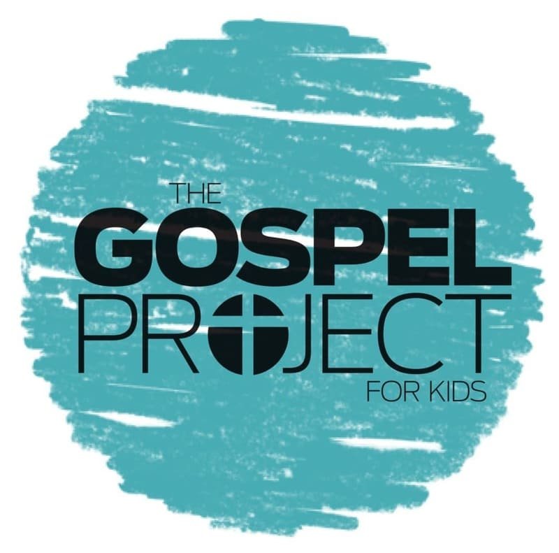 "The Gospel Project for Kids" logo with a teal circular brushstroke background and black text.
