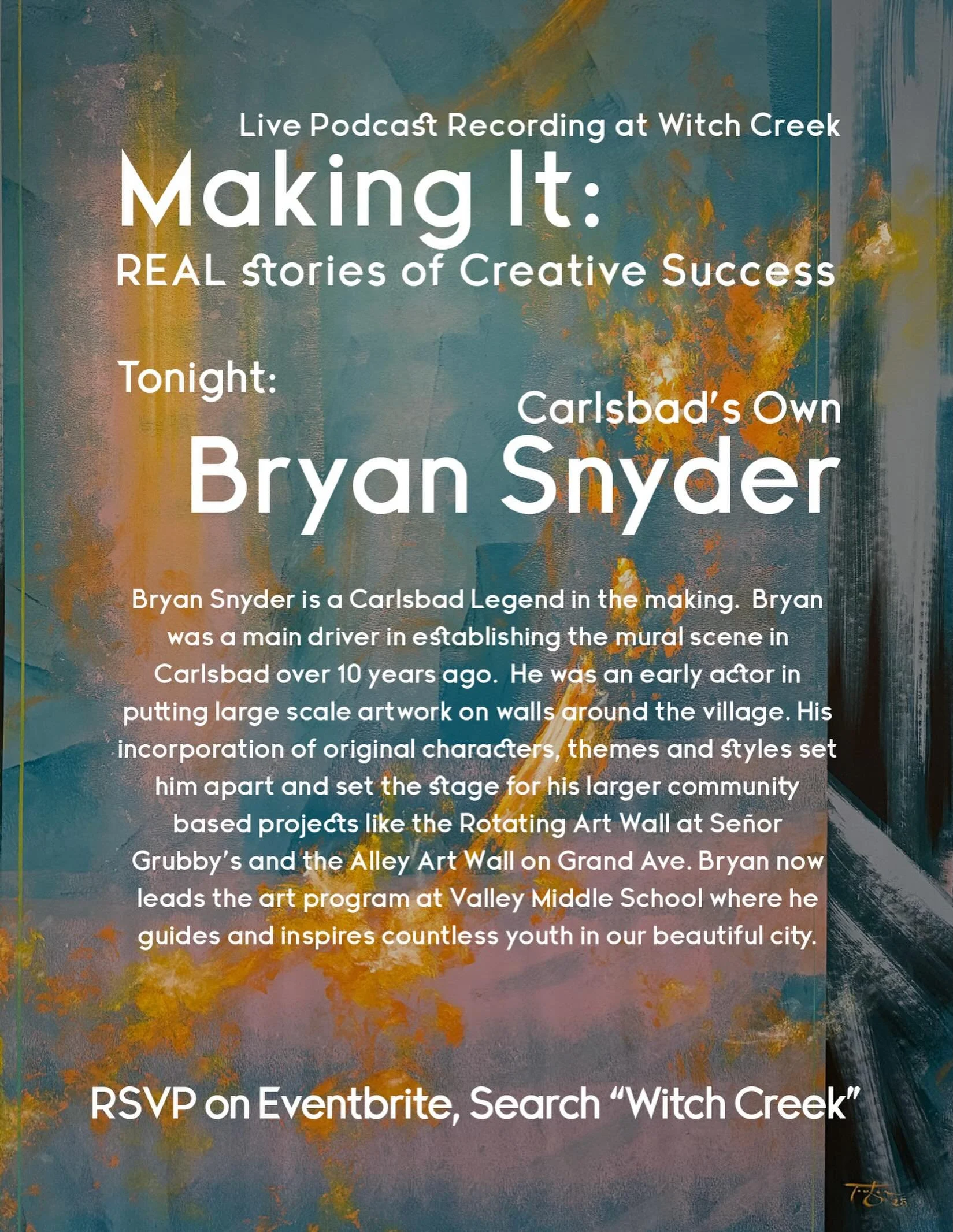 Tonight! Live interview of @snyderart at Witch Creek
&bull;
Bryan Snyder is a Carlsbad Legend in the making.  Bryan was a main driver in establishing the mural scene in Carlsbad over 10 years ago.  He was an early actor in putting large scale artwork