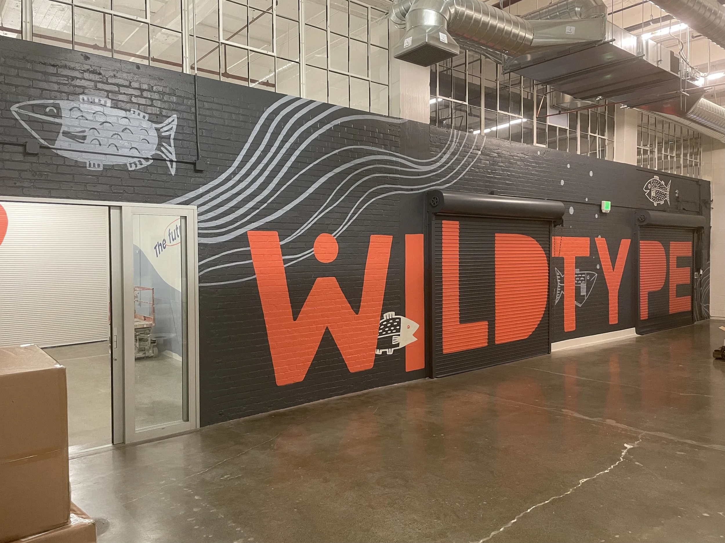 Commercial Mural, Wildtype, Interior of warehouse space, branding, logo, fish imagery