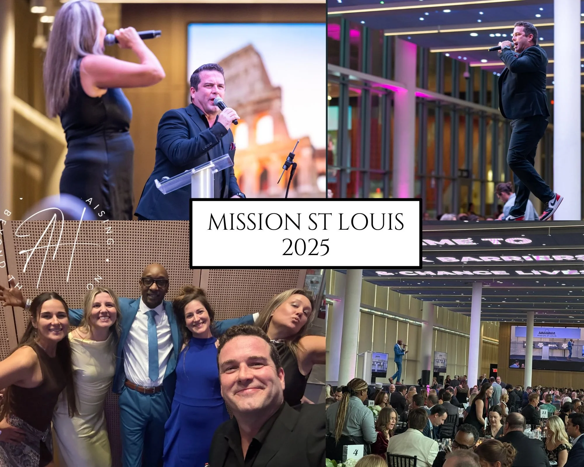 Fundraising Auctioneer Jason Troutman from Auction Horizon and his wife Tarryn in action on stage during the Live Auction and "Fund-The-Mission" for the Mission St Louis "Night for the Town" Gala Event in September 2025