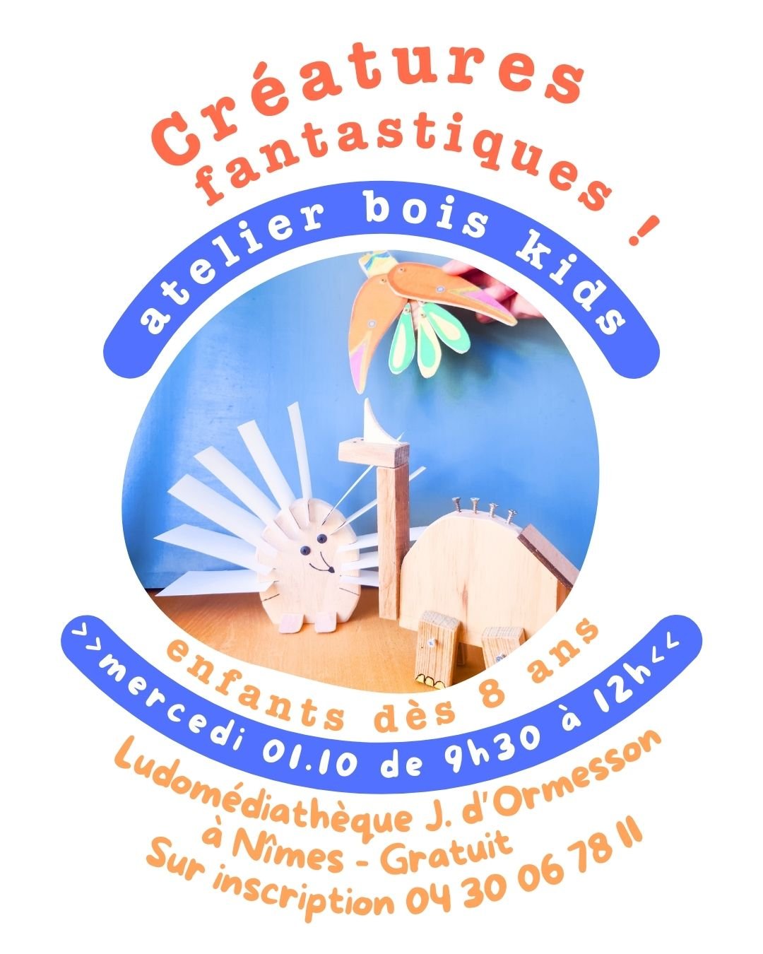 🤠Pokemon, Dino, Bonhomme de neige ou licorne, 
🤡Cet atelier est fait pour donner vie &agrave; la cr&eacute;ature de ses r&ecirc;ves ! 

💪 Les enfants apprendront &agrave; utiliser les outils du bricoleur, et la gravure laser avec la ludom&eacute;d