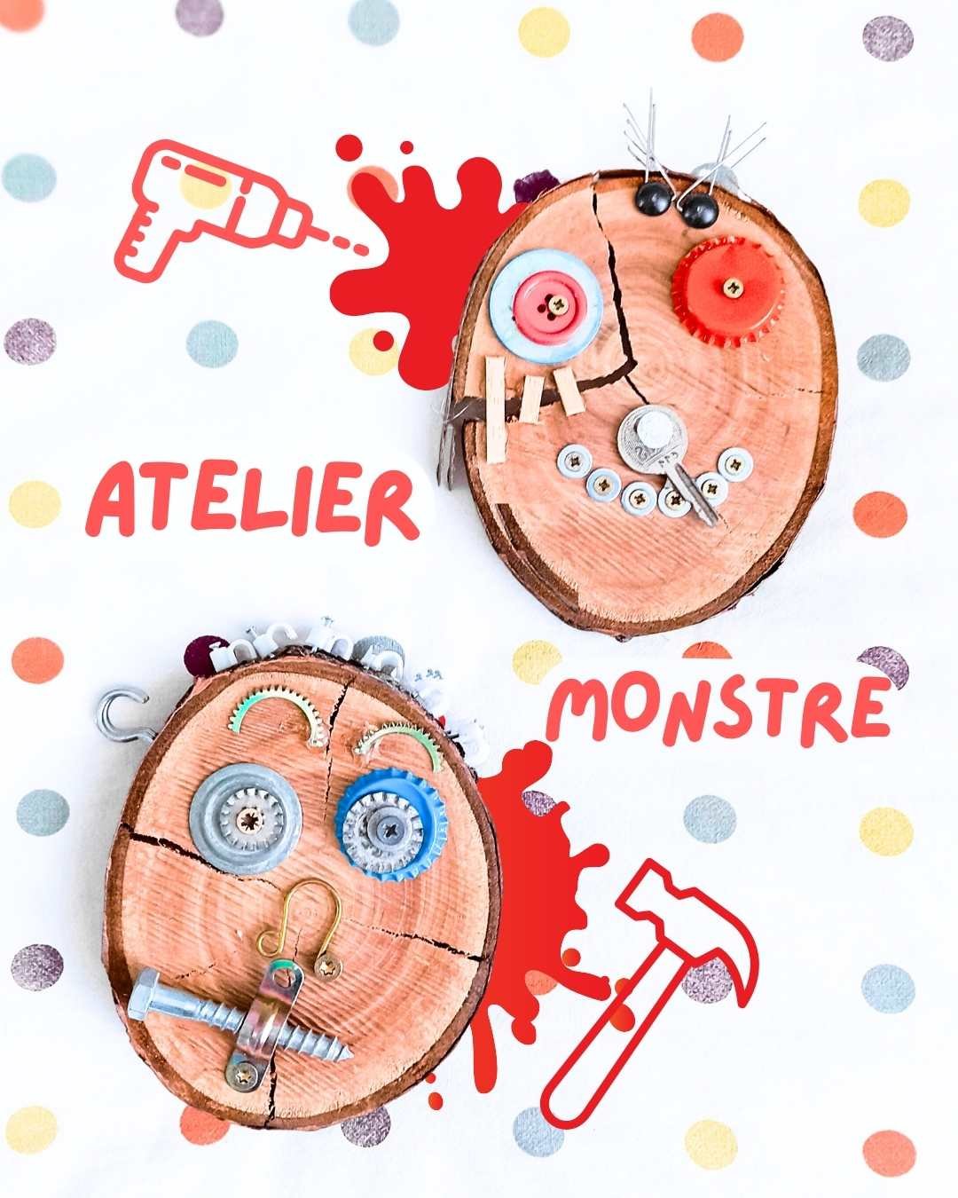 😱Un atelier pour ceux qui n'ont pas froid aux yeux, 
et qui ont envie de percer &amp; taper une planche de bois de toute leur force ! 
👹 Attention, &ccedil;a va saigner (les monstres, pas les enfants). 

🔨Viens bricoler ton monstre le samedi 11.10